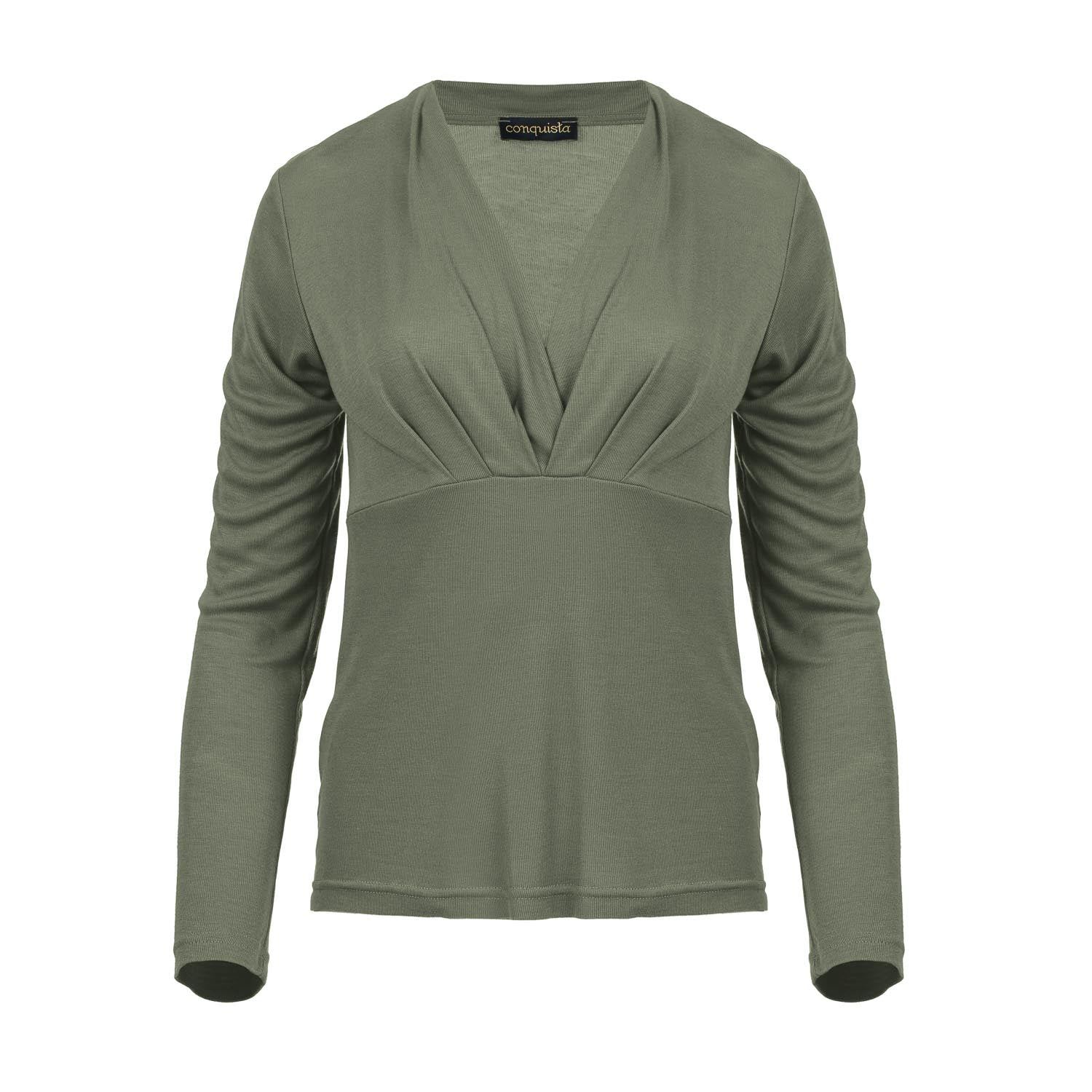 Conquista Women's Dusty Green Long Sleeve, Faux Wrap Top In Stretch Jersey Sustainable Fabric In Green