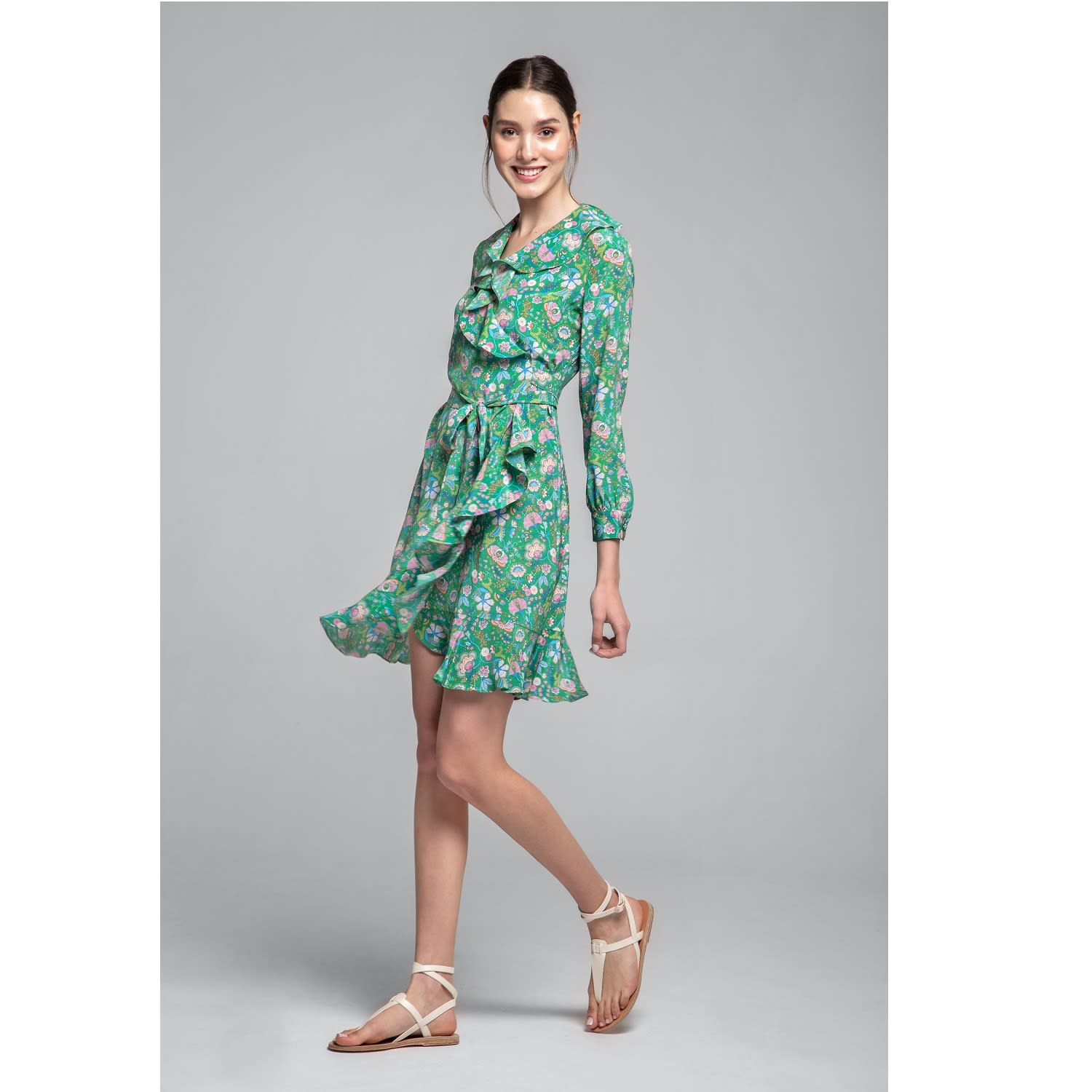 green floral wrap dress