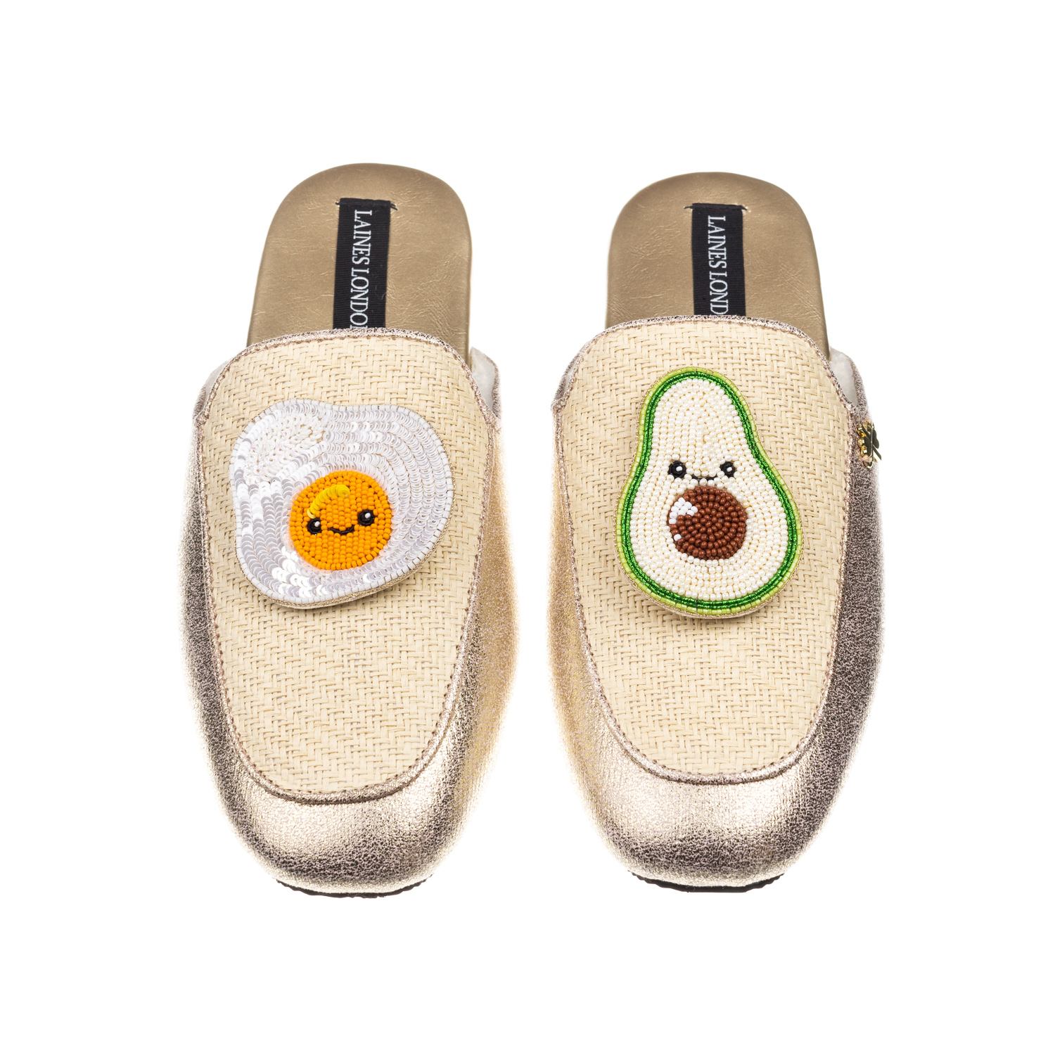 Laines London Women's Gold / Neutrals Classic Mules With Laines Loveables Egg & Avocado Brooches - Cream & Gold In Gold