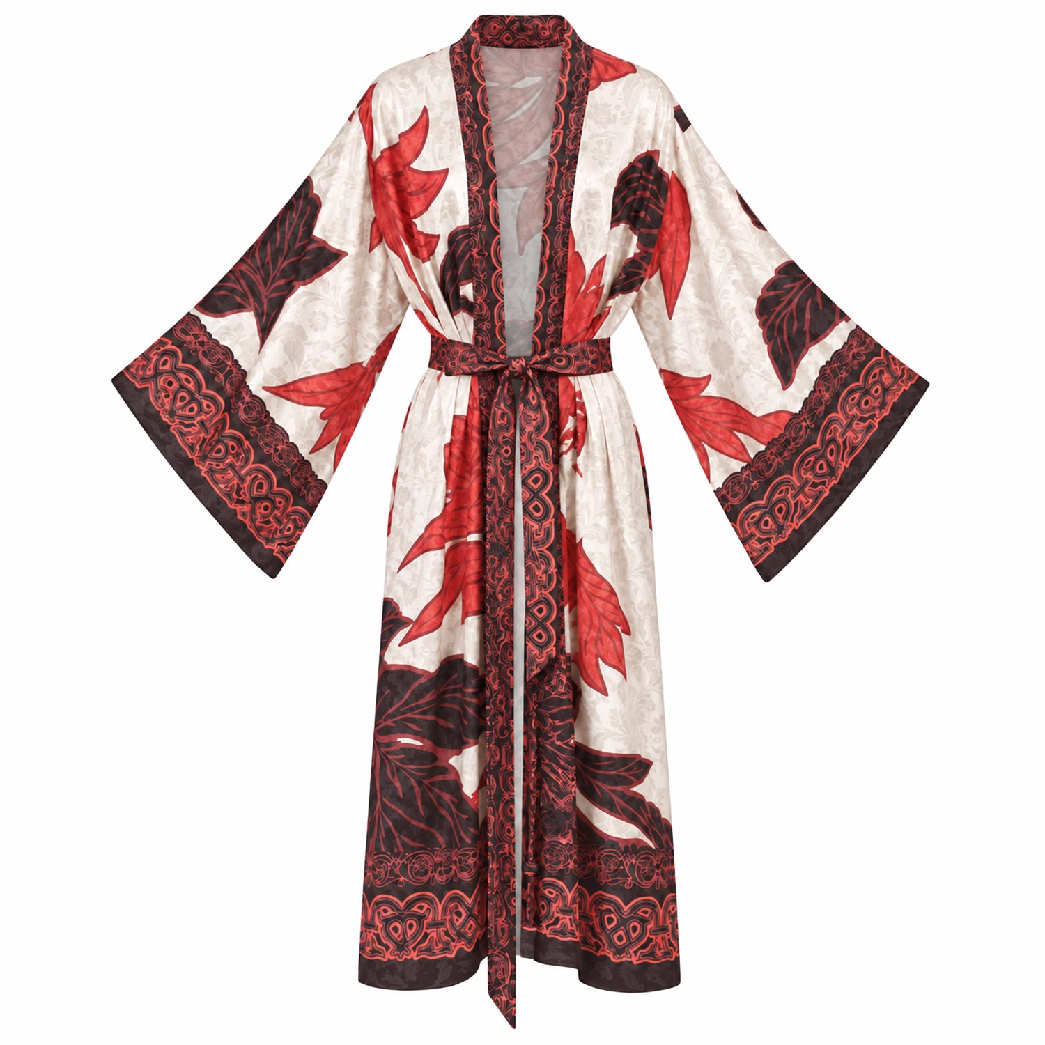 Women's Brown / Red Sahara Botanical Print Jacquard Satin Kimono | One Size | Loveist Store