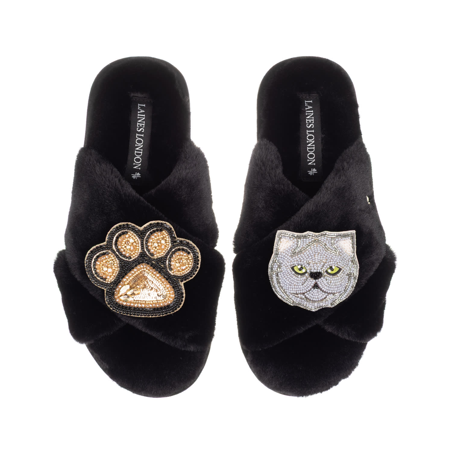 Laines London Women's Classic Laines Slippers With Paw & Grey Persian Cat Brooches - Black In Black