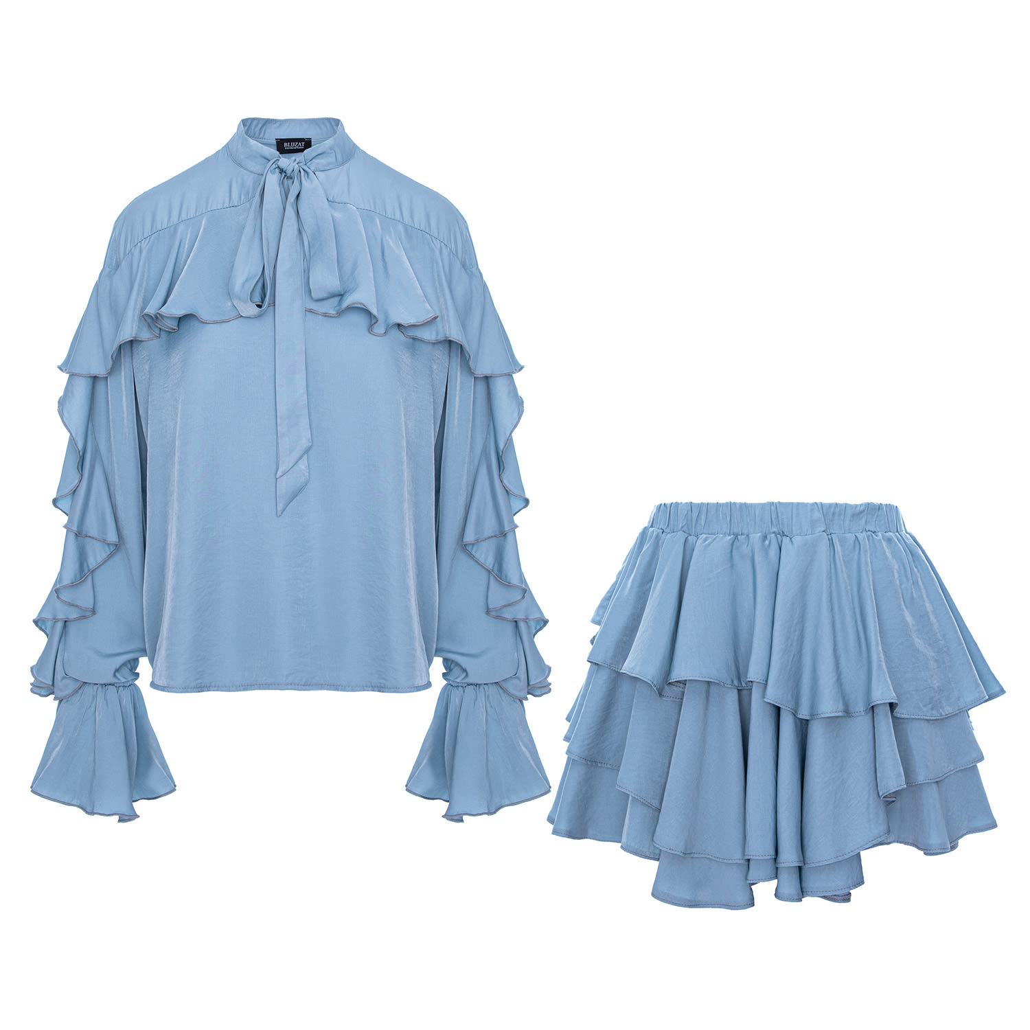 Bluzat Blue Ocean Breeze Set With V Neck Shirt & Ruffle Skirt In Blue