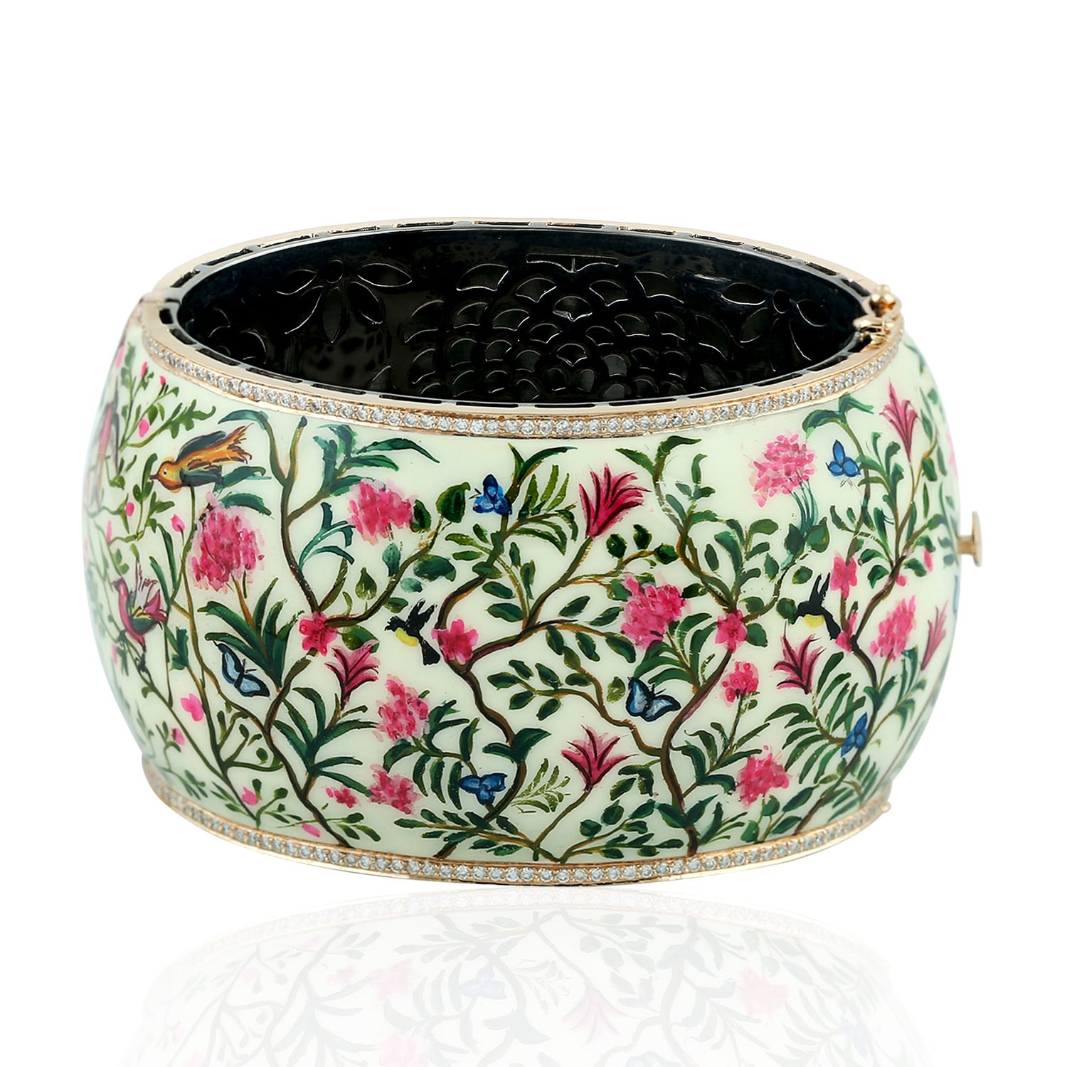 Women’s Blue / White / Pink Gold & Silver Hand Painted Enamel Floral Bangle With Pave Diamonds Artisan