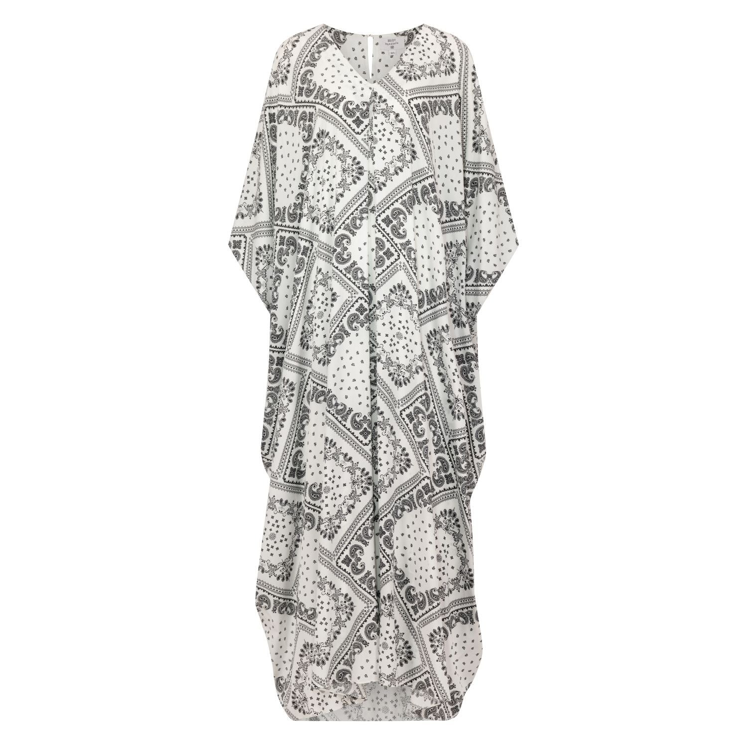 Azzalia Women's Mariposa Cut Kaftan With Center Fold In White Printed Paisley Rayon In White