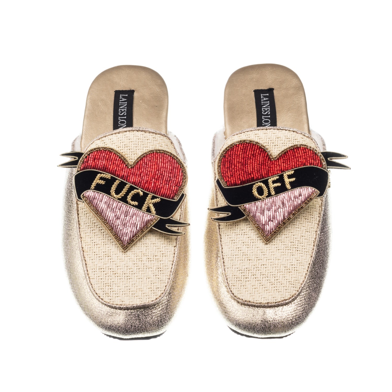 Laines London Women's Gold / Neutrals Classic Mules With Fuck Off Brooches - Cream & Gold In Gold