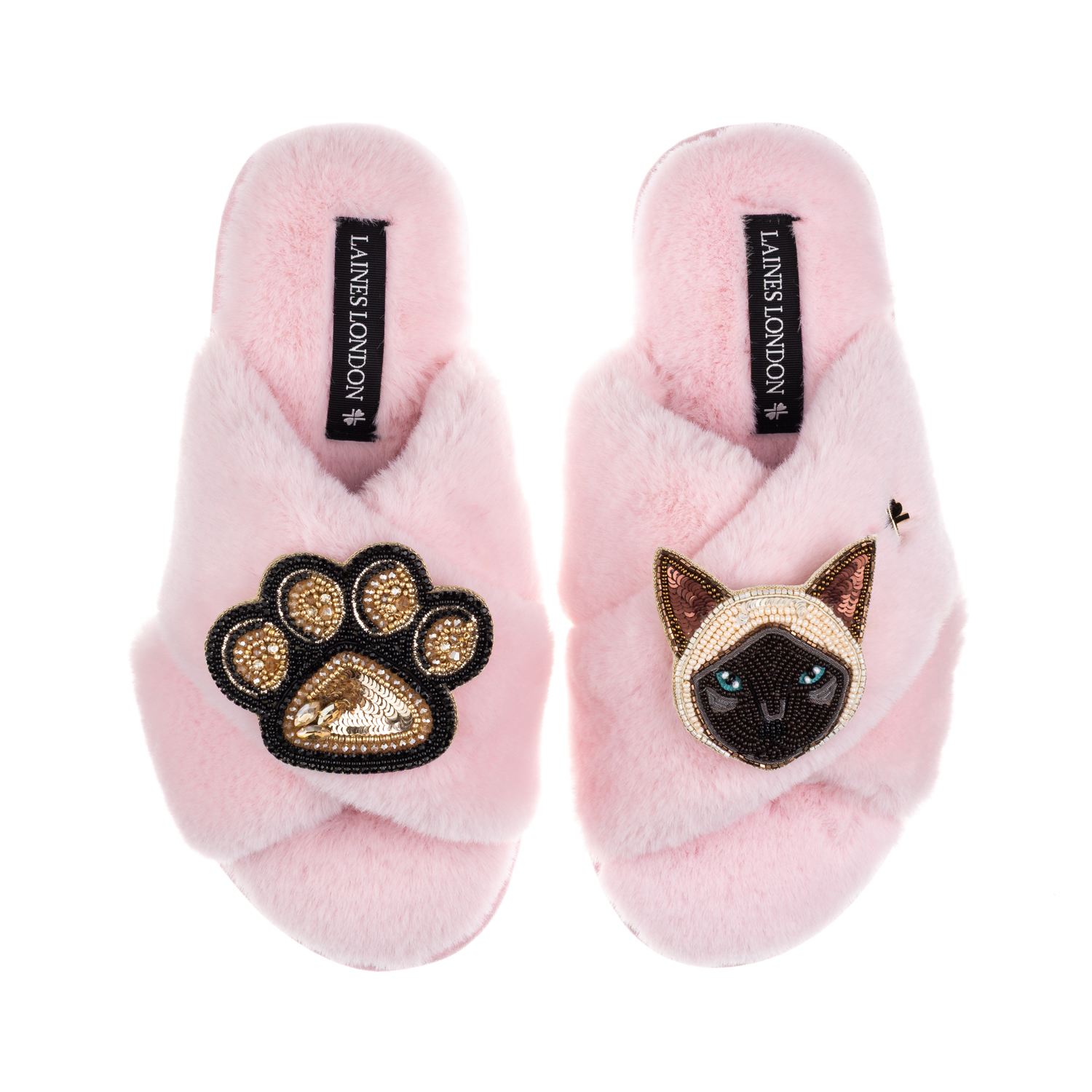 Laines London Women's Classic Laines Slippers With Paw & Siamese Cat Brooches - Pink In Pink