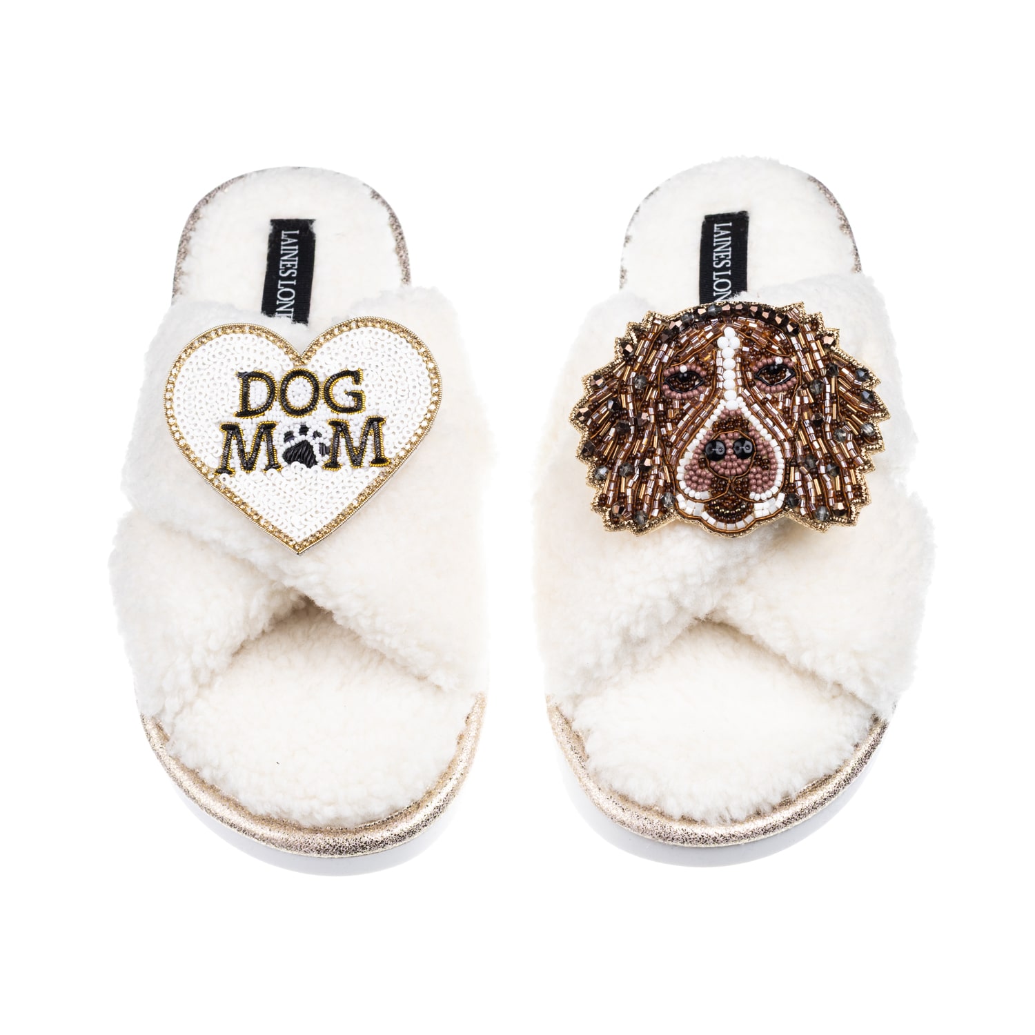 Laines London Women's Neutrals / White Laines Neutral Boucle Slippers With Duke The Spaniel & Dog Mum /mom Brooche