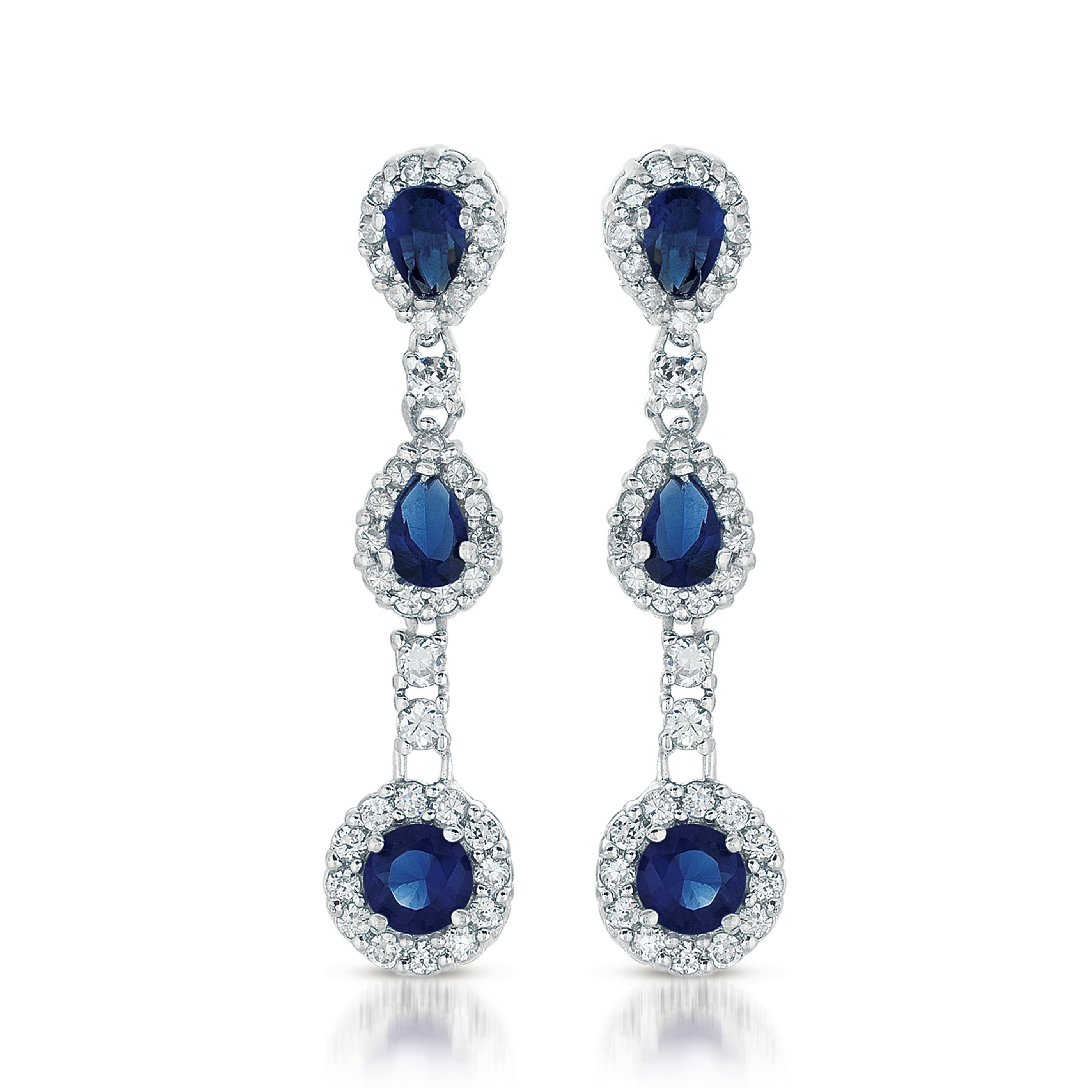 Women’s Blue / Silver Sterling Silver Three Stone Cubic Zirconia Linear Dangle Earrings Genevive Jewelry