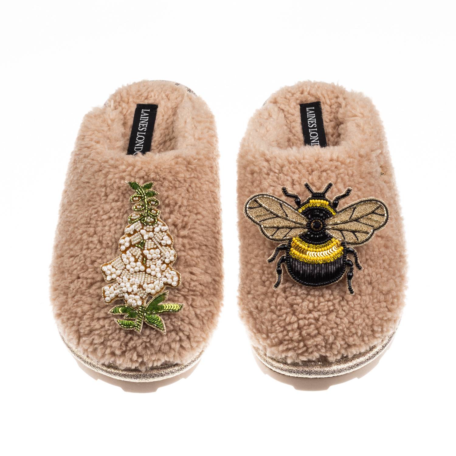 Laines London Women's Brown / Neutrals Teddy Closed Toe Slippers With Honeybee & White Foxglove Brooches - Toffee In Brown