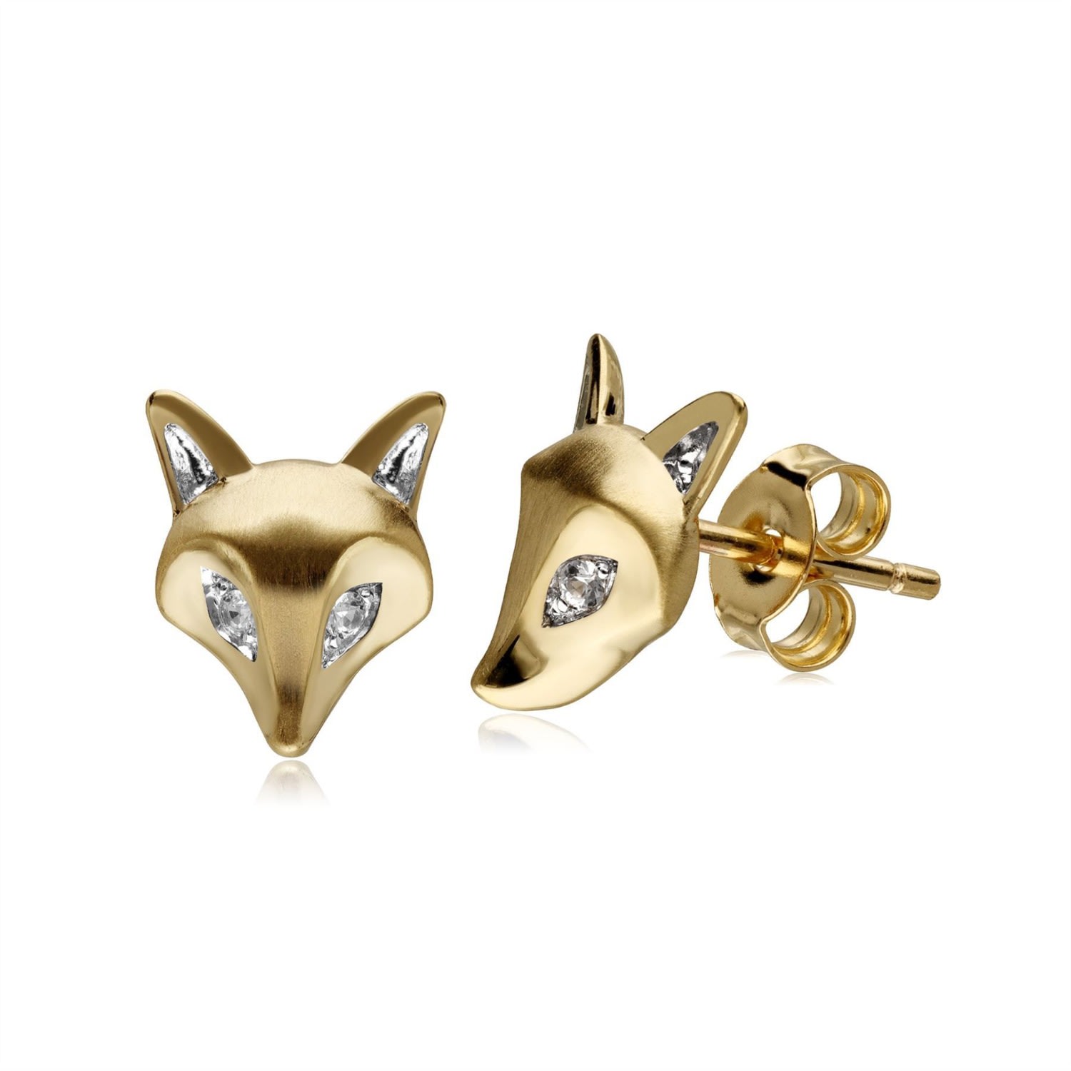 Women’s White Gardenia Clear Sapphire Fox Earrings In 9Ct Brushed Gold Gemondo