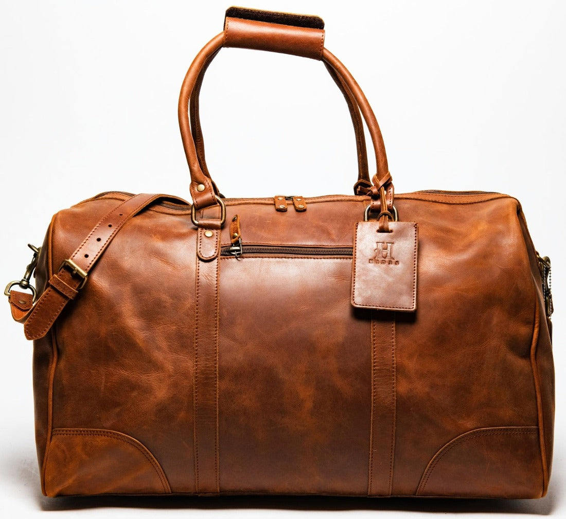 Hides Leather Co. Men's Brown Large Leather Duffle Weekender Bag With Luggage Tag - The Tourist