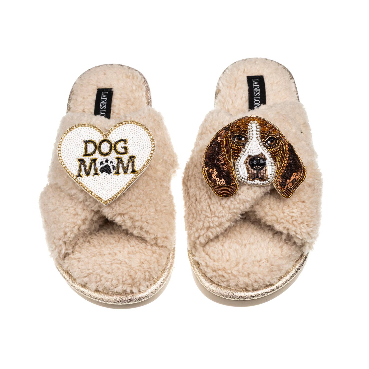 Laines London Women's Brown / Neutrals Laines Neutral Boucle Slippers With Ziggy The Beagle & Dog Mum / Mom Brooch