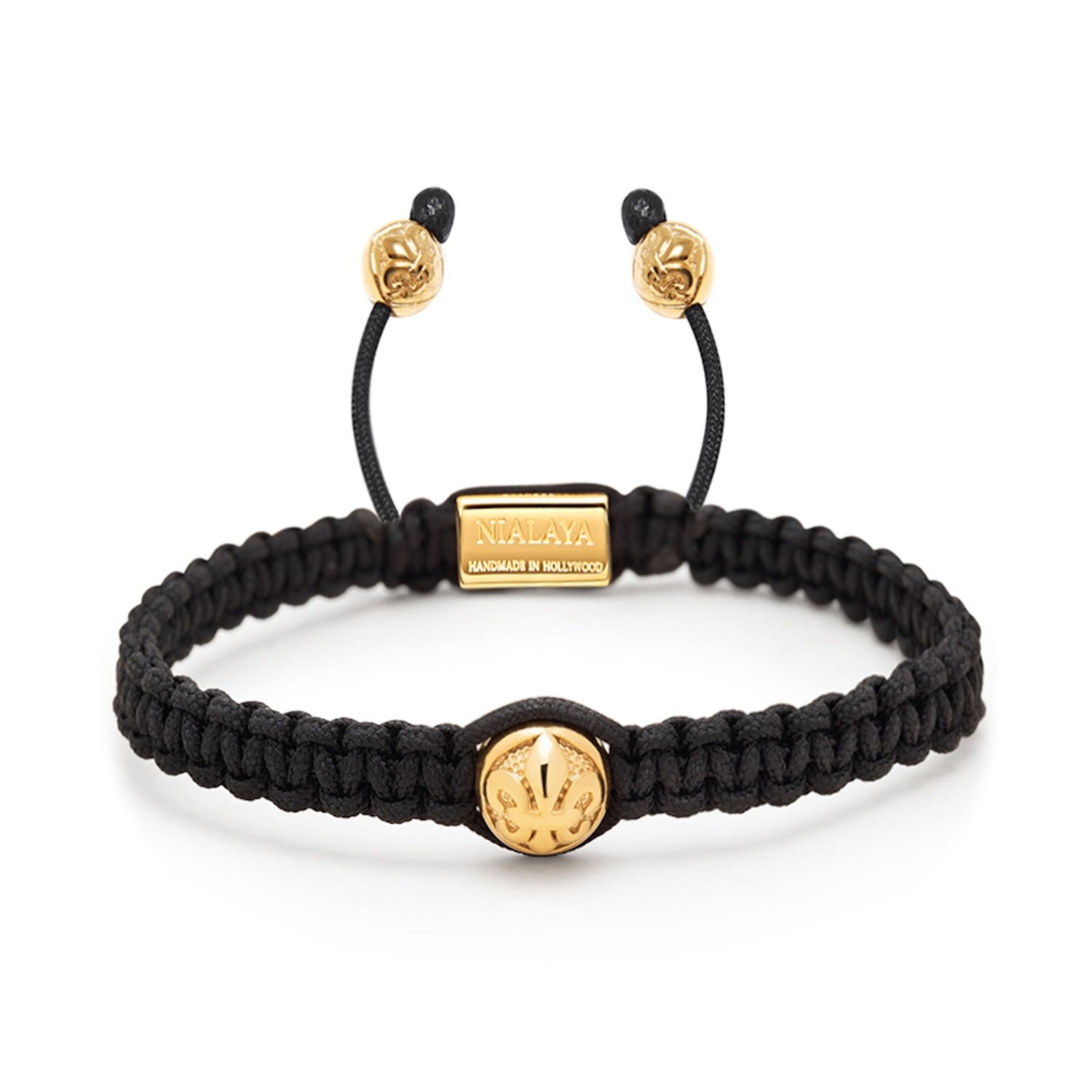 Gold / Black Mens Black String Bracelet With Gold Logo Bead Nialaya