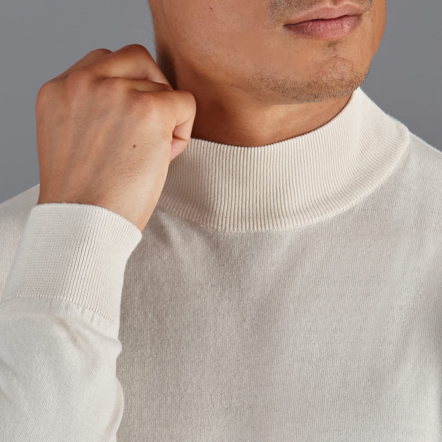 Mens Ultra Fine Cotton Mock Turtle Neck Spencer Jumper Ecru