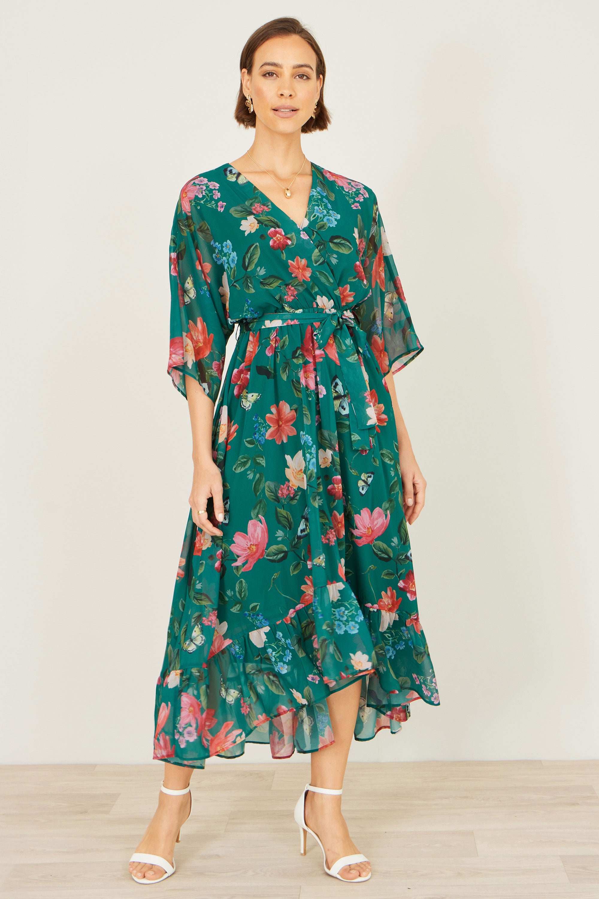 Yumi Green Floral Kimono Wrap Dress With Dip Hem by Yumi