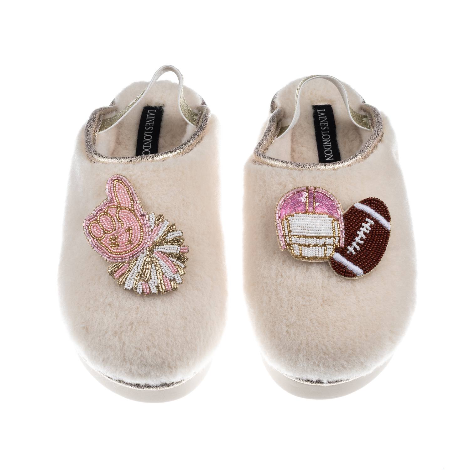 Laines London Women's Gold / Neutrals / White Flatform Cloud Slippers With American Football Brooches - Cream In Multi