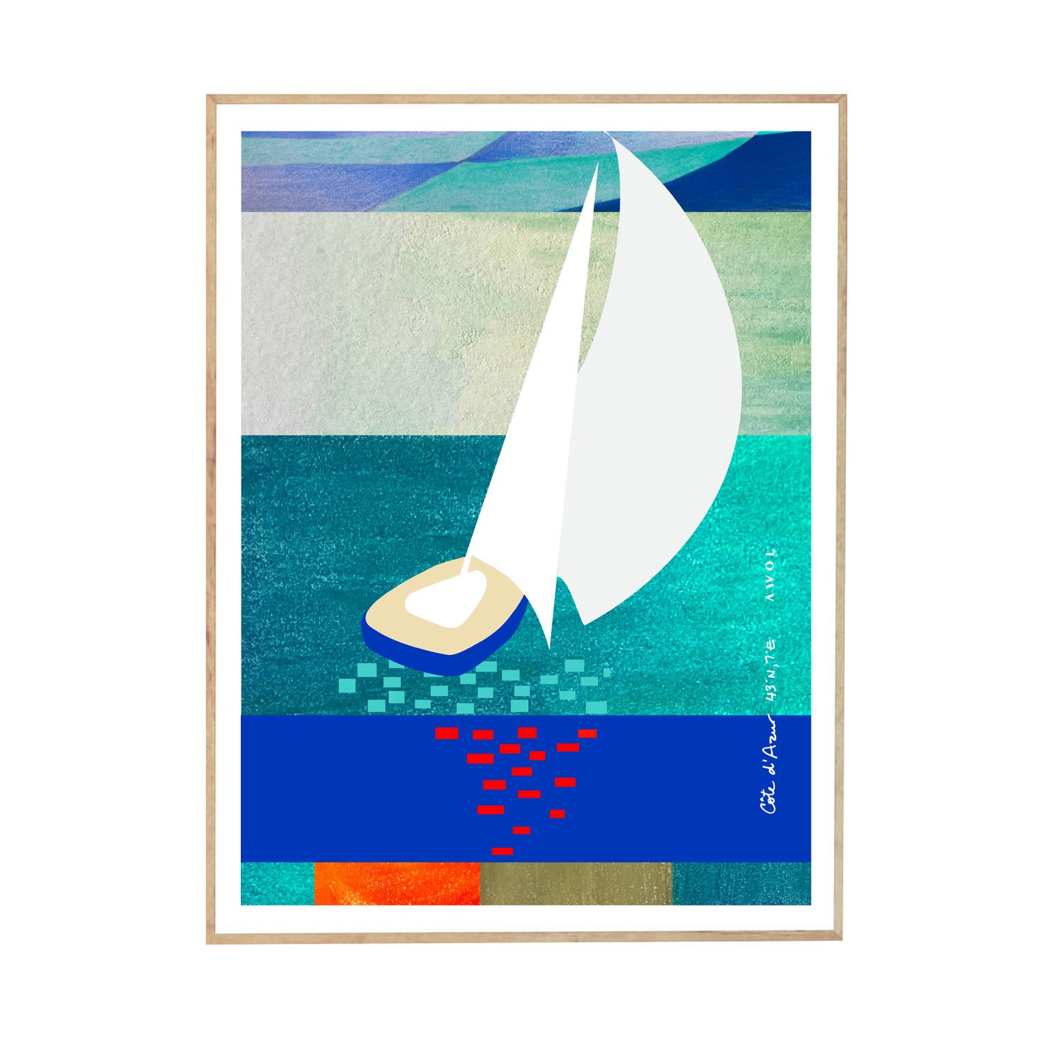 Blue / Yellow / Orange Sailing In The Mediterranean Sea: Nautical Art Print With White Sailboat And Sun Reflections In Azure Waters Awol