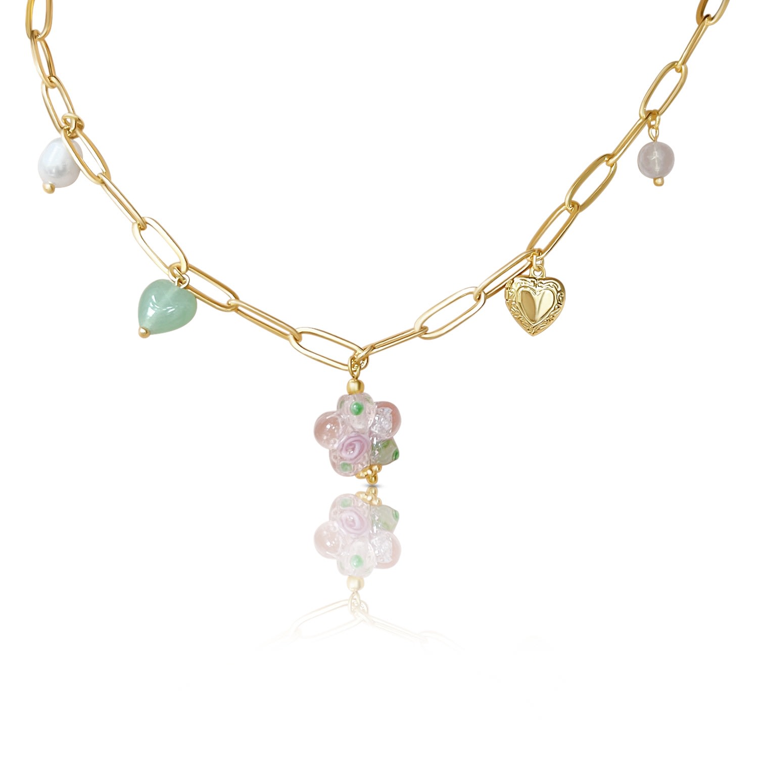 Women’s Gold Pink Glass Flower Charm Necklace - Locket/Crystals Gabi the Label