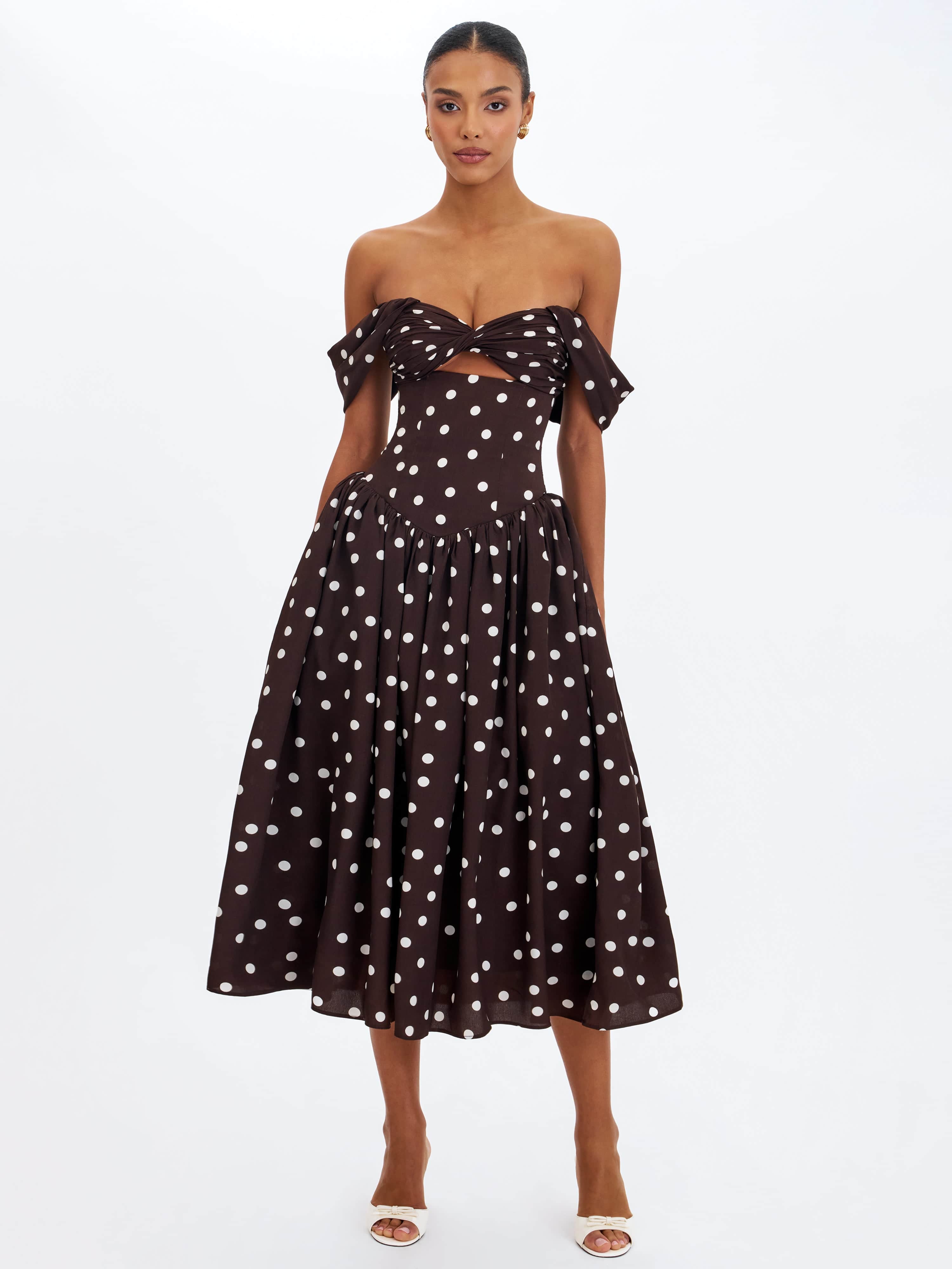 Xandie Mocha Polka Dot Off-Shoulder Midi Dress | Miss Circle New