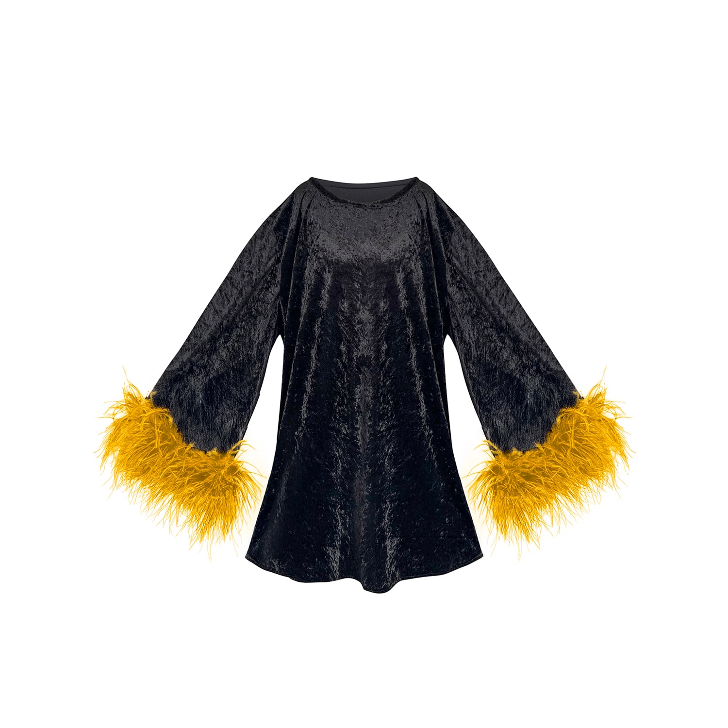 Toma Women's Black / Yellow Jess Mini Little Black Velvet Dress Yellow Feathers In Multi