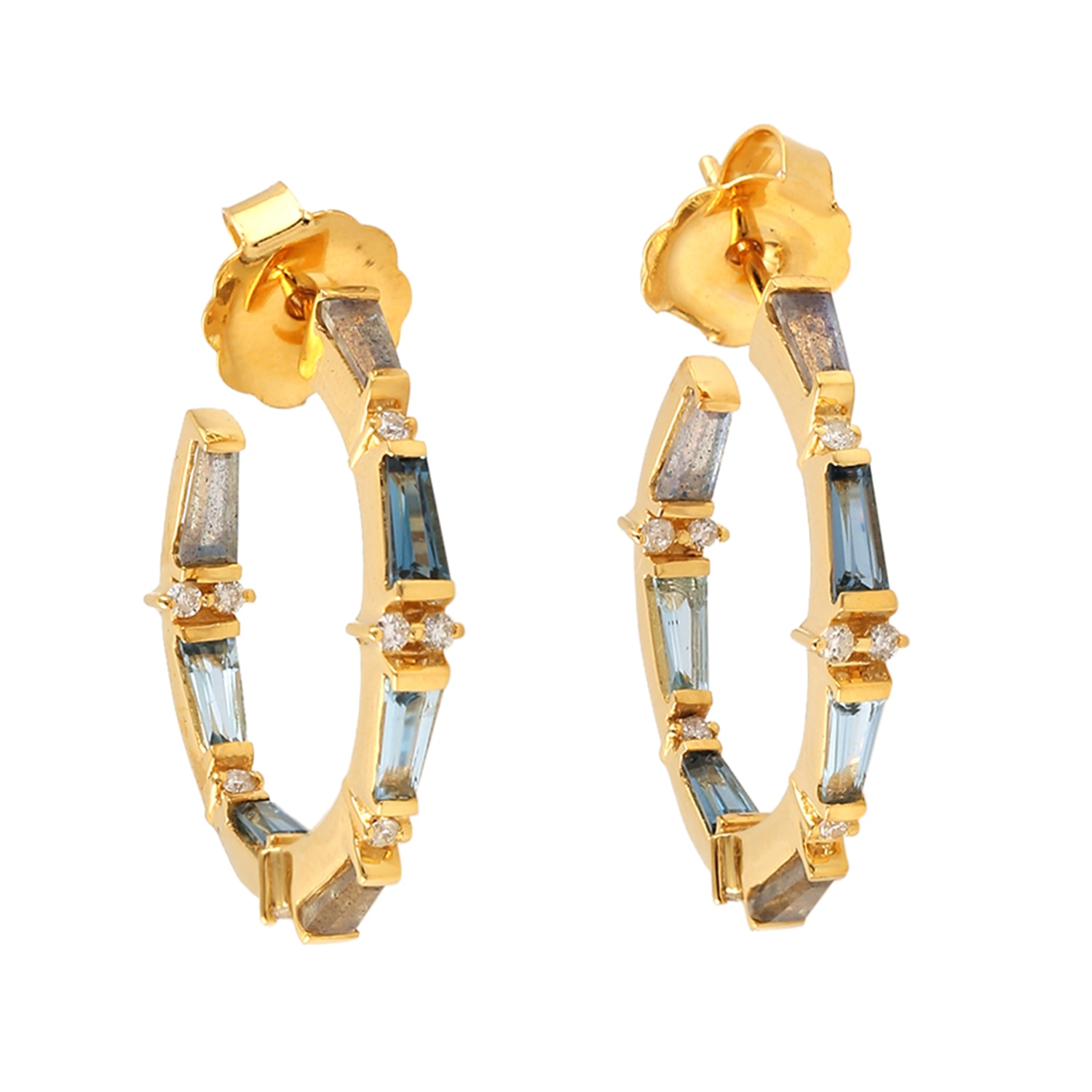 Women’s White / Gold Tapered Baguette Topaz With Multi Gemstone & Diamond Hoop Earrings In 18K Gold Artisan