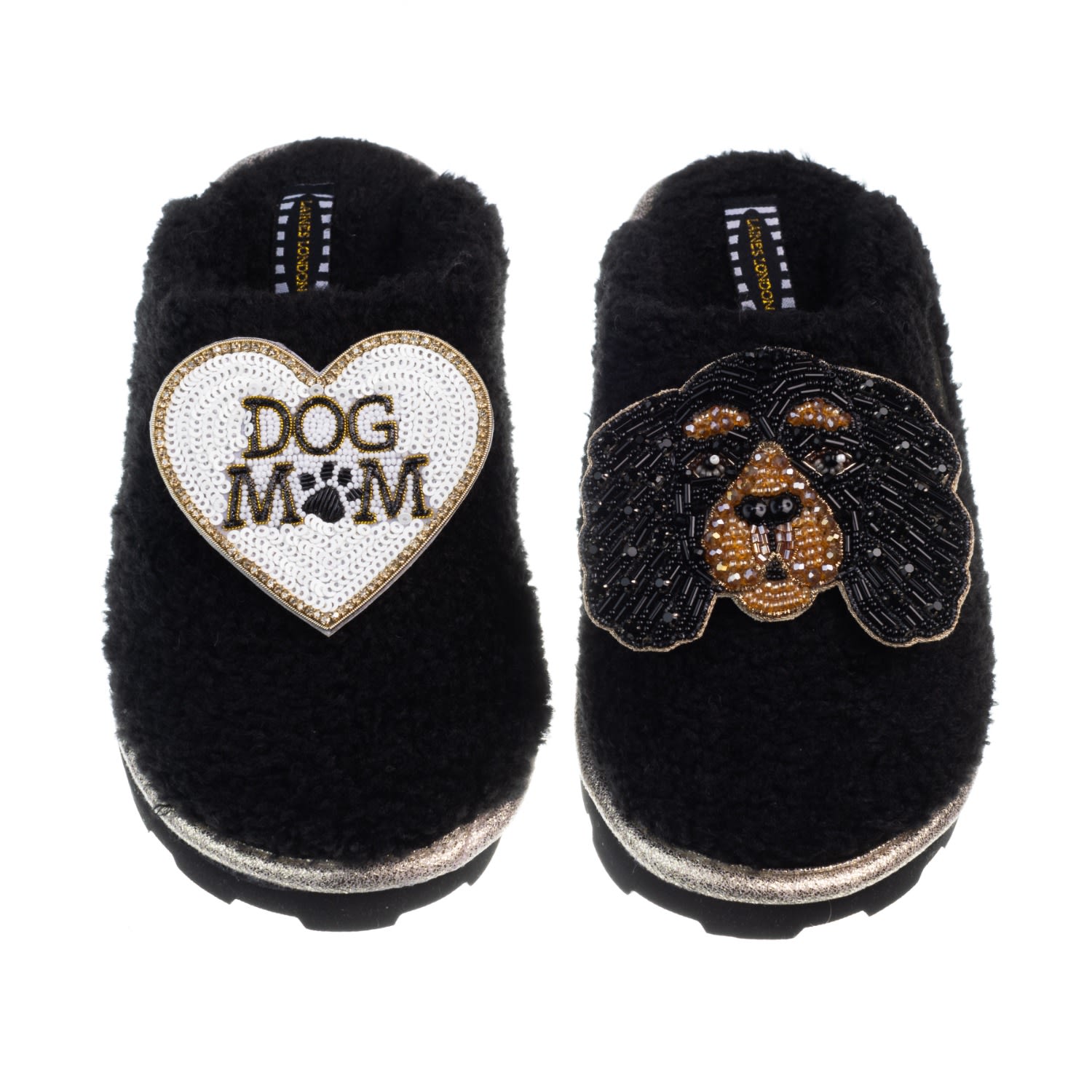 Women’s Teddy Closed Toe Slippers With Louie The Cavalier & Dog Mum / Mom Brooches - Black Extra Large Laines London