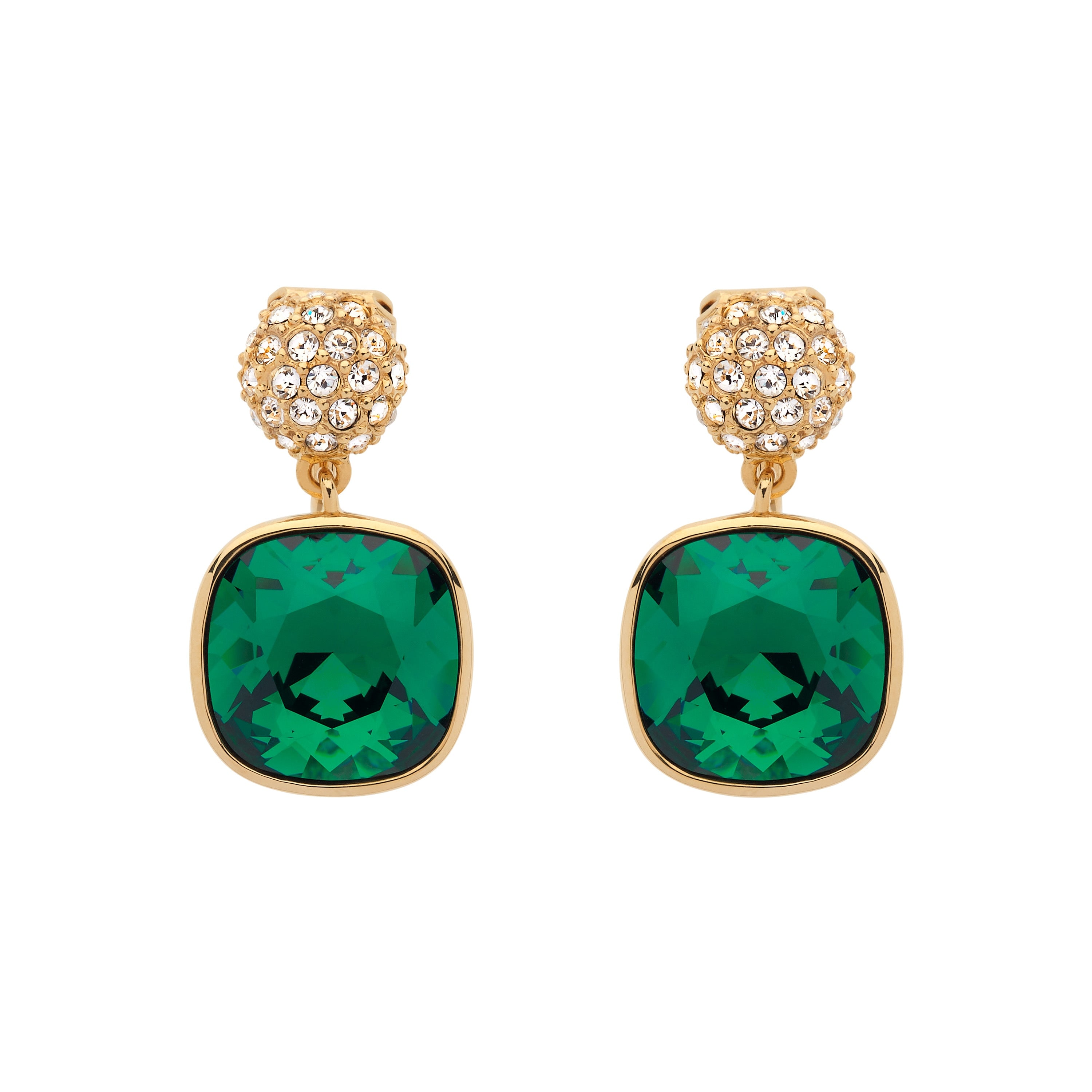 Emma Holland Jewellery Women's Gold / Green Emerald Cushion Crystal Drop Clip Earrings In Multi