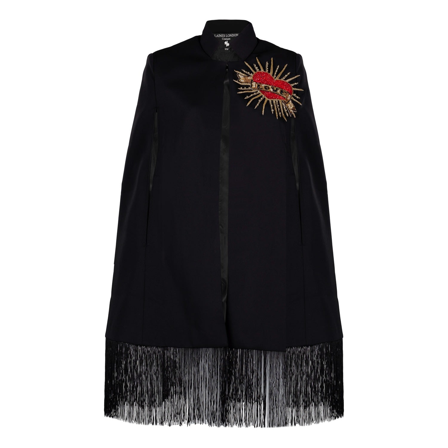 Women’s Laines Couture Fringed Tassel Cape With Embellished Red Love Heart - Black L/Xl Laines London