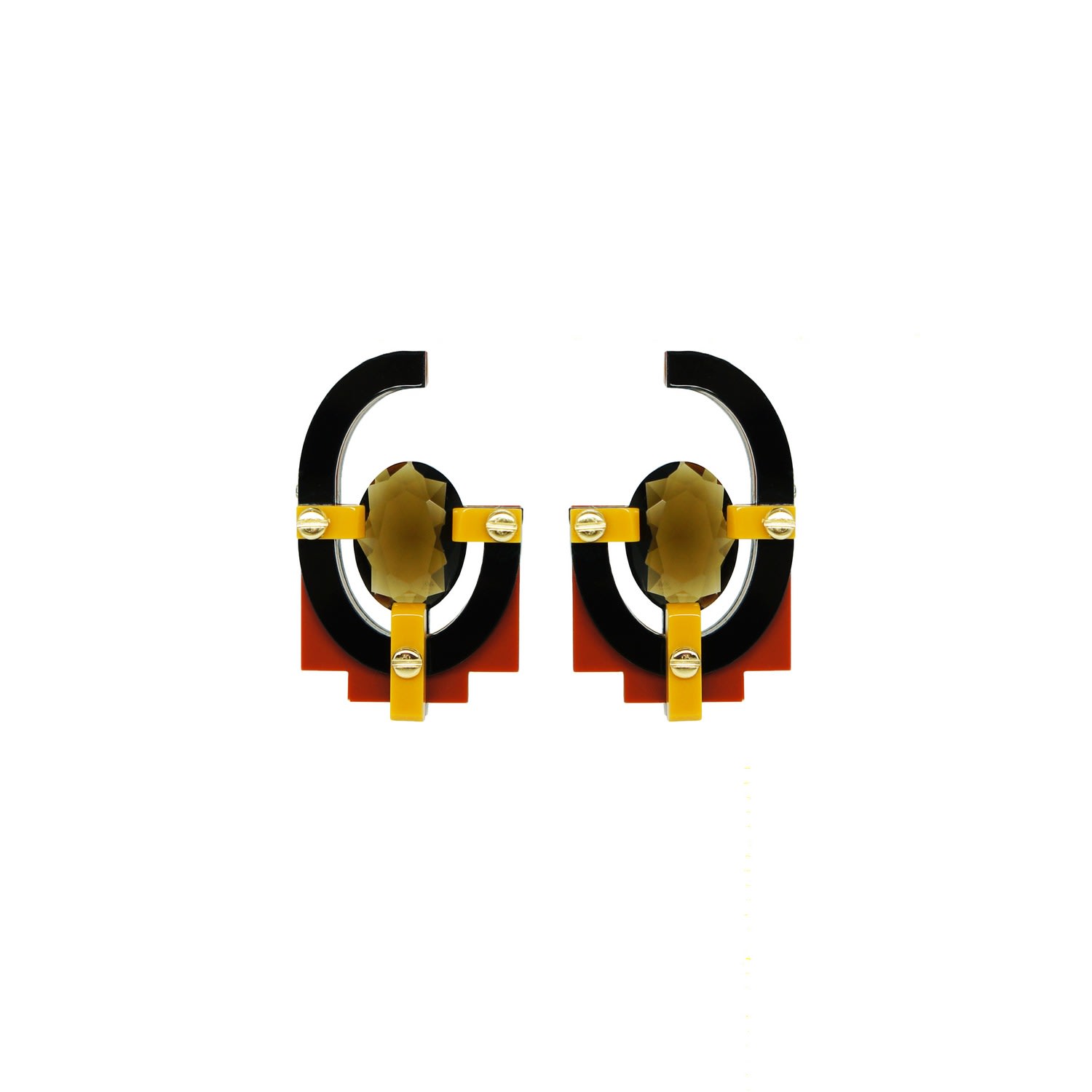 Gissa Bicalho Women's Black / Brown Handmade Acrylic Earring With Oval Cut Stone Mustard