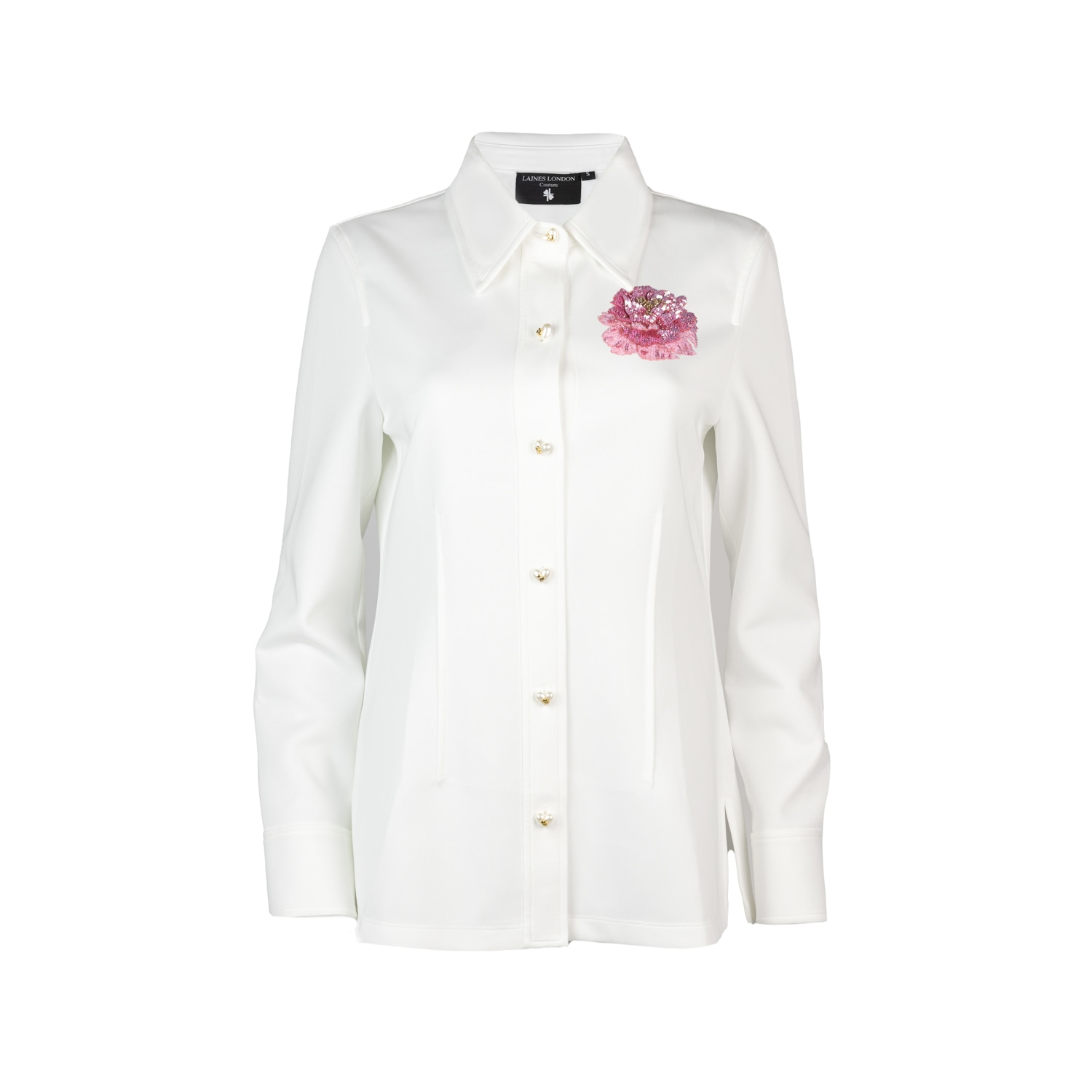 Women’s White Laines Couture Shirt With Embellished Pink Peony Shirt Small Laines London