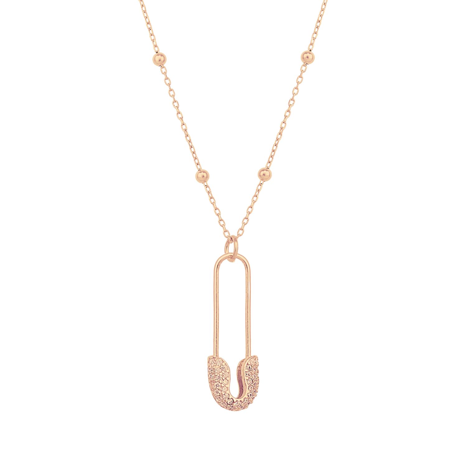 Spero London Women's Pave Safety Pin Necklace Jewelled With Beaded Chain In Sterling Silver - Rose Gold In Gold