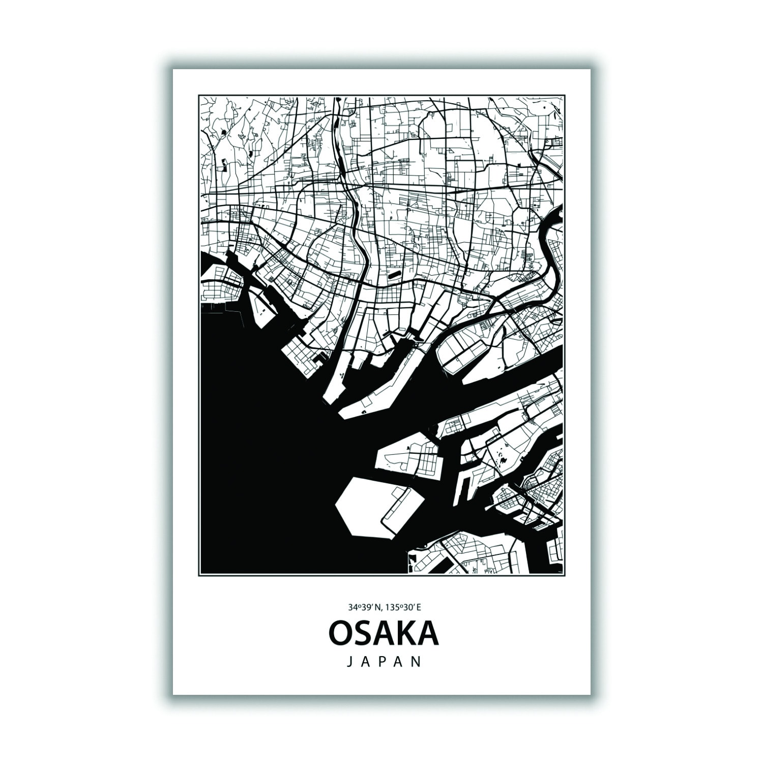 Black Map Of Osaka Japan A3 297 X 420Mm Stanley Print House