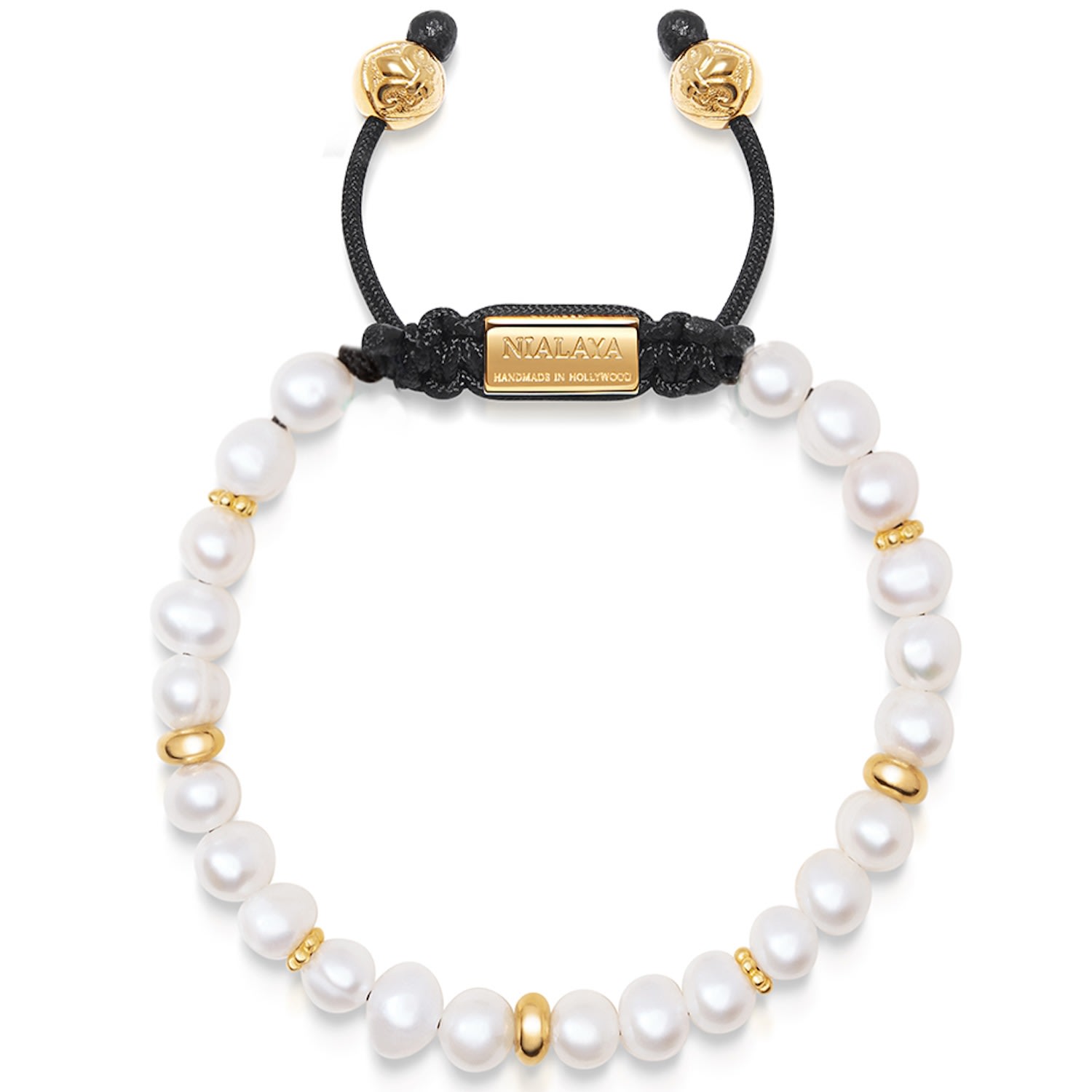Nialaya Gold / Black / White Men's Beaded Bracelet With Pearl And Gold In Gold/black/white