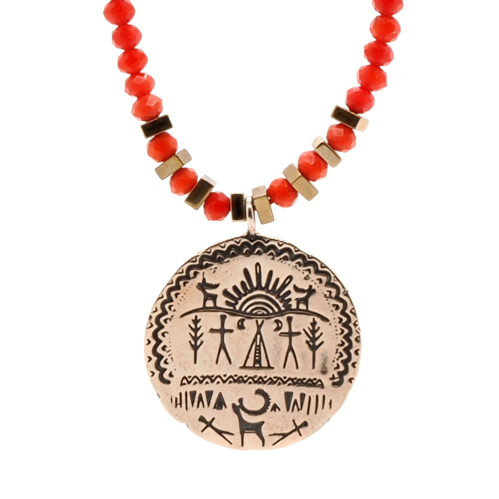 Women’s Red / Gold Powerful Shaman Symbol Pendant Red Beaded Necklace - Gold Ebru Jewelry