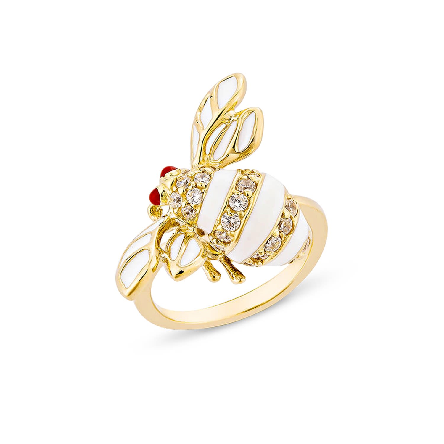 Sally Skoufis Women's Gold / White Queen Bee Ring With Man Made Cz Diamond Stimulant & Ivory Enamel In 18k Gold Ve In Multi