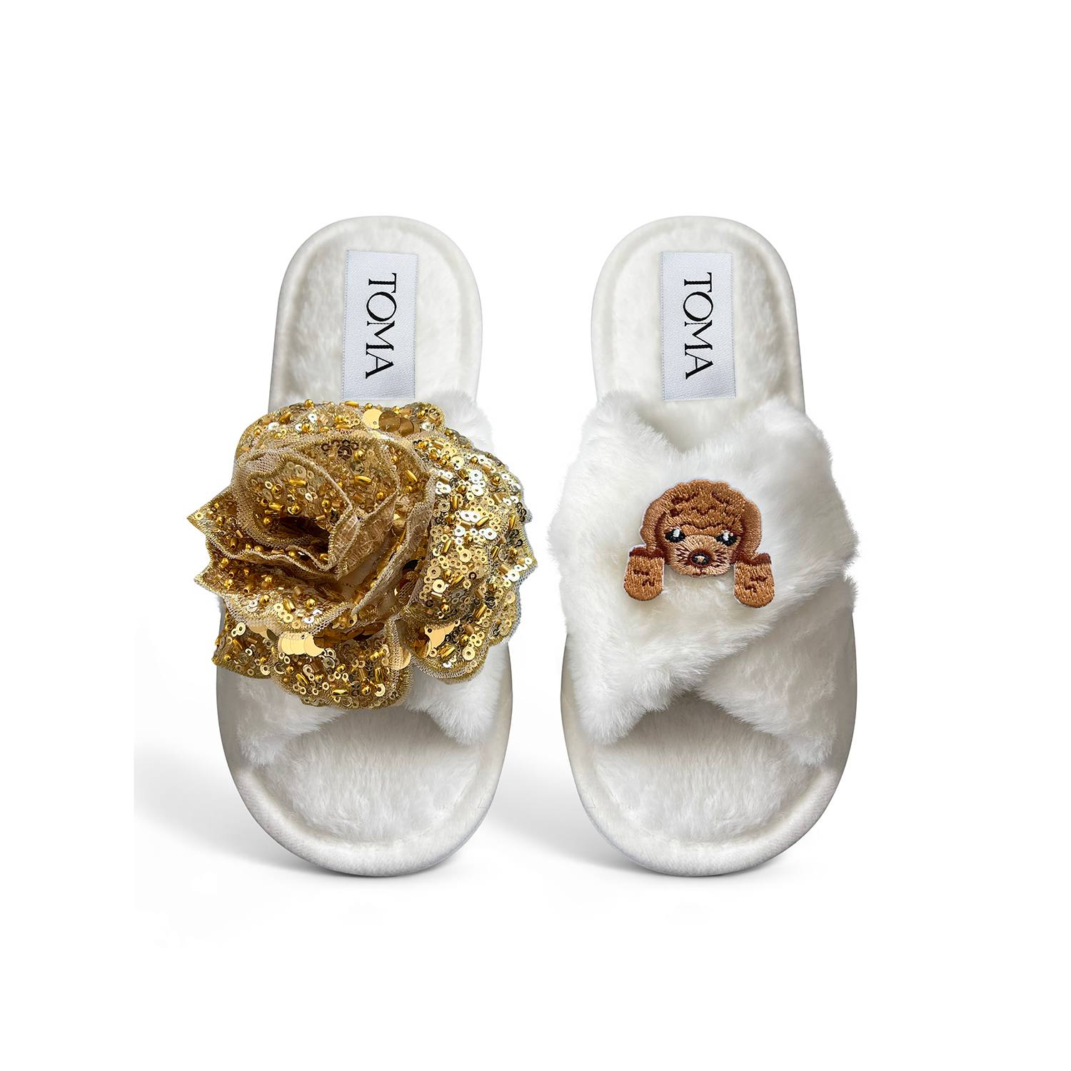 Toma Women's White Classic  Open Toe Gold Sequin Flower And Dog Five Slippers