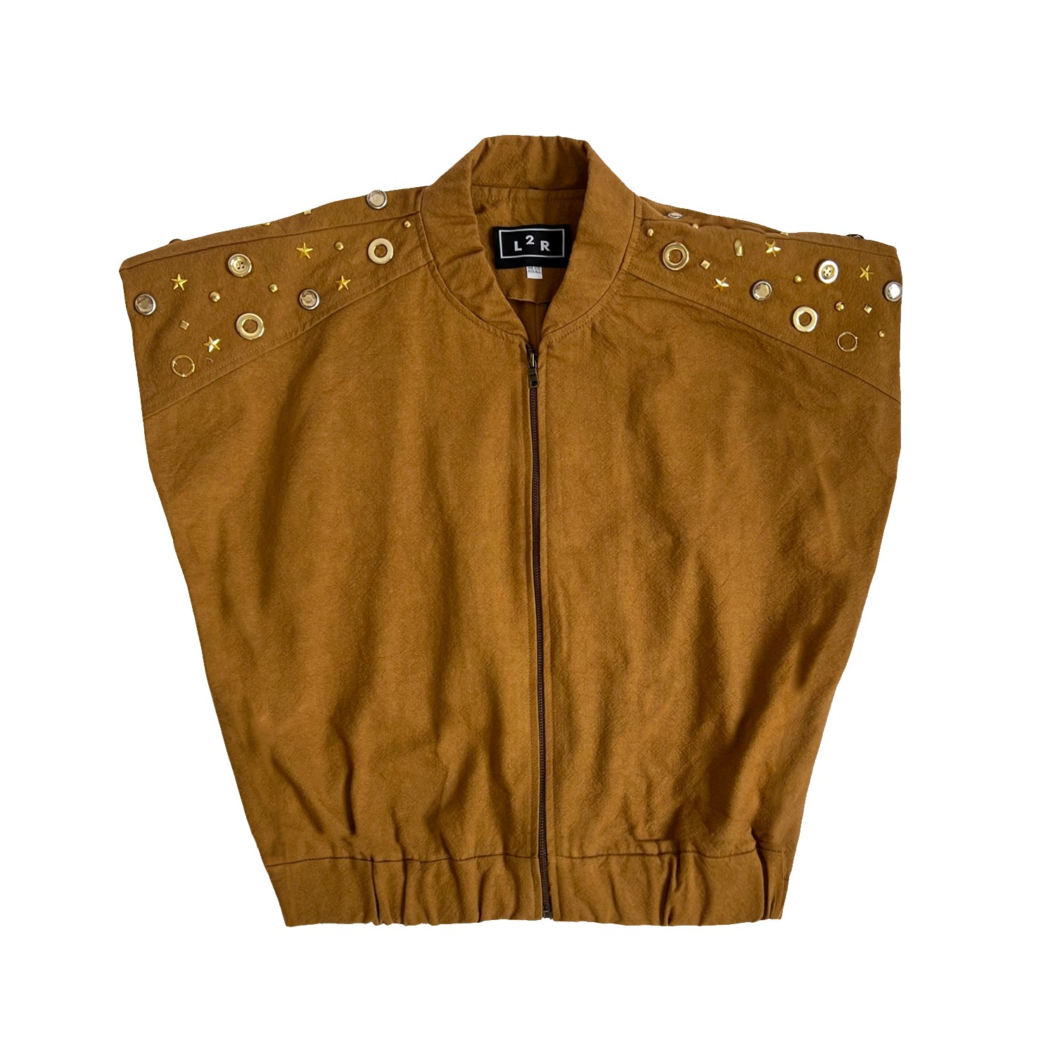 Women's Studded Sleeveless Bomber Jacket In Tan Brown | One Size | L2R the Label