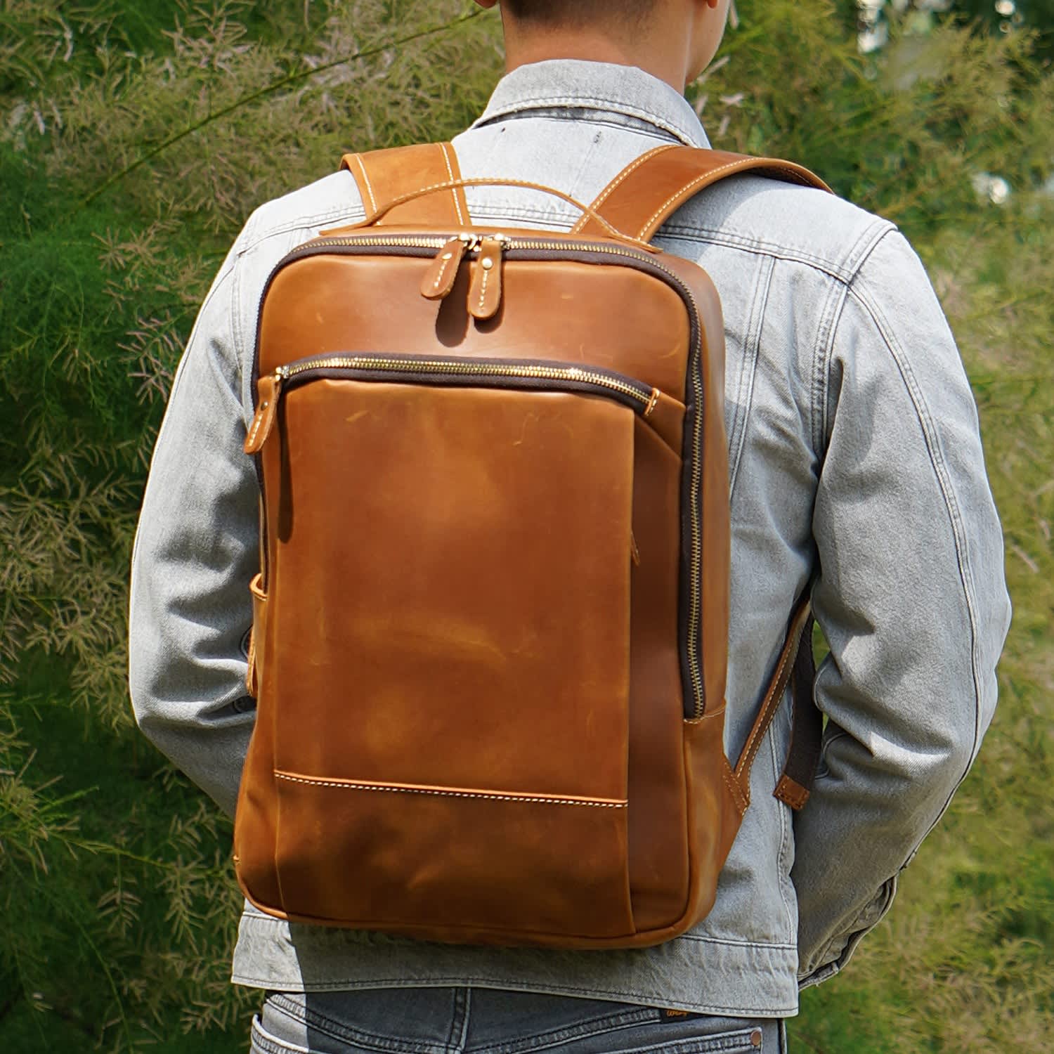 Minimalist Zip Open Leather Backpack Light Brown Touri Wolf