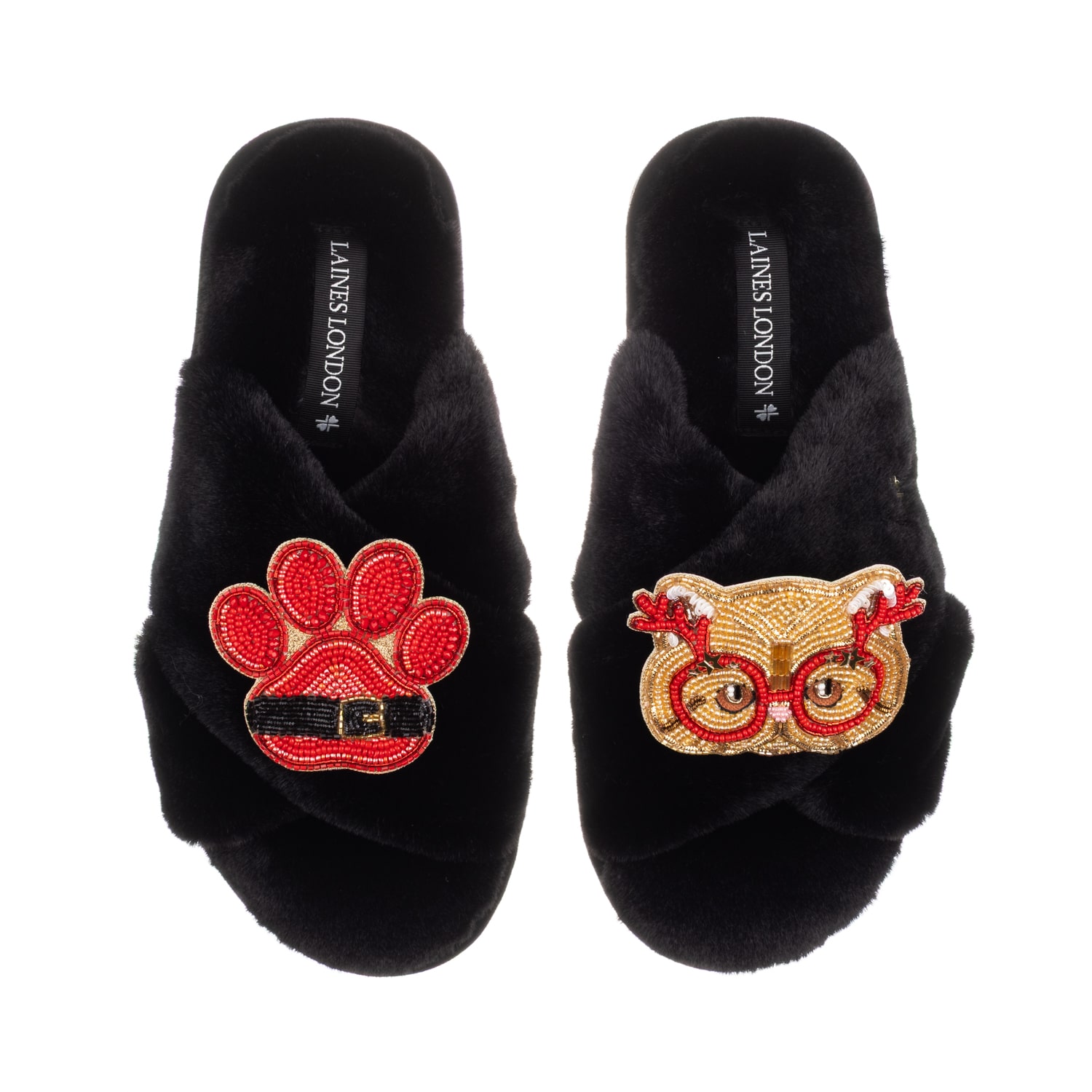 Laines London Women's Classic Slippers With Christmas Golden British Shorthair Cat & Paw Brooches - Black In Black