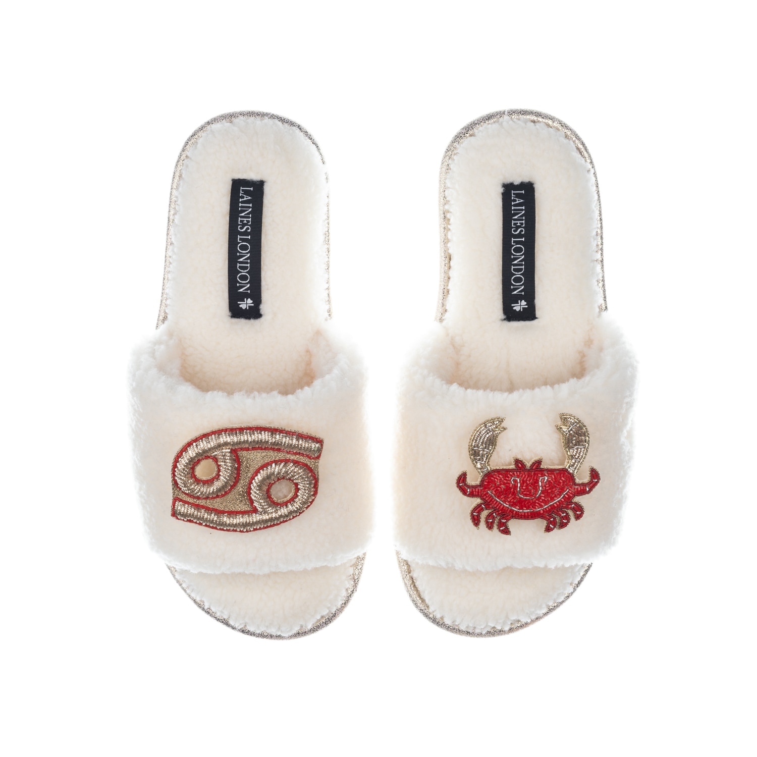 Laines London Women's White Teddy Towelling Slipper Sliders With Cancer Zodiac Brooches - Cream In White