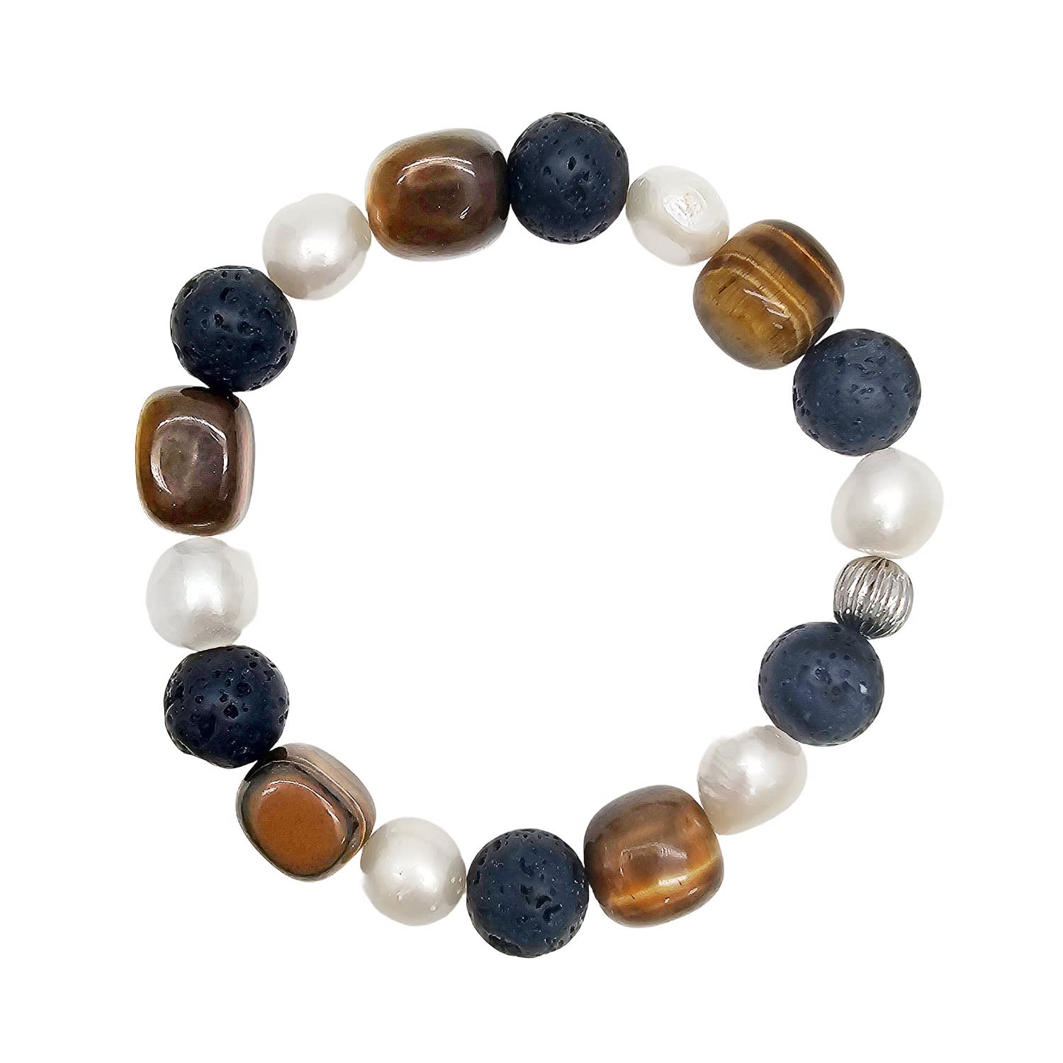 Farra Brown Tiger-eye With Black Lava Stone And Pearls Men's Bracelet