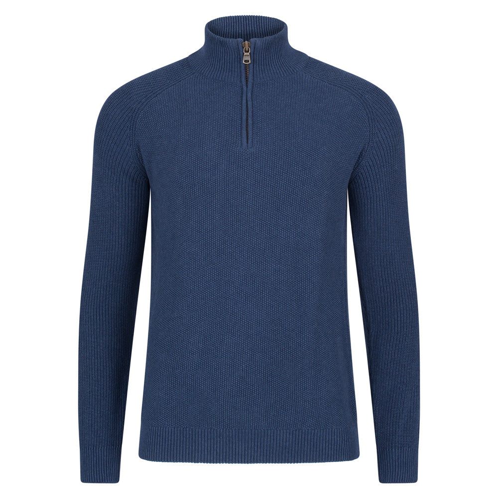 Mens Midweight Cotton Zip Neck Bennett Jumper - Blue Melange Medium Paul James Knitwear