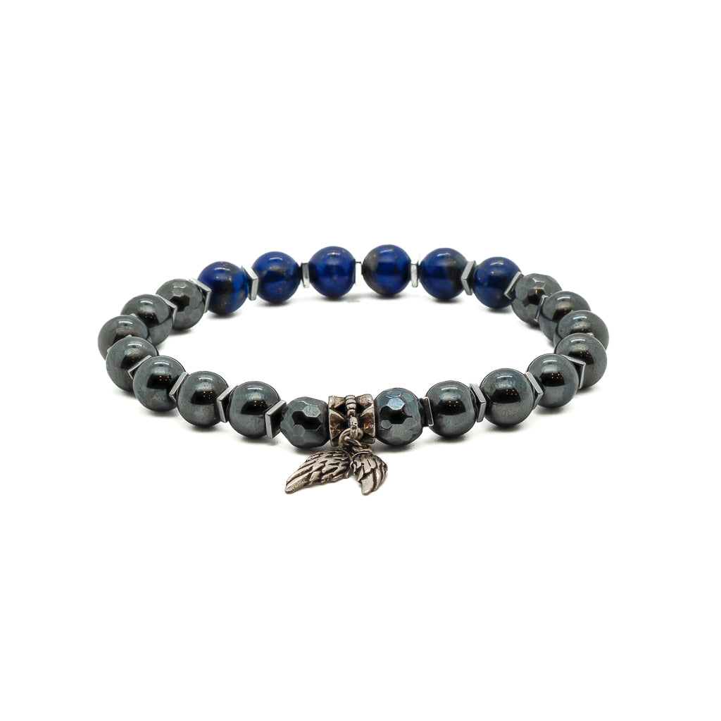 Blue / Silver Lapis Lazuli Hematite Energy Men Bracelet-Grey Ebru Jewelry