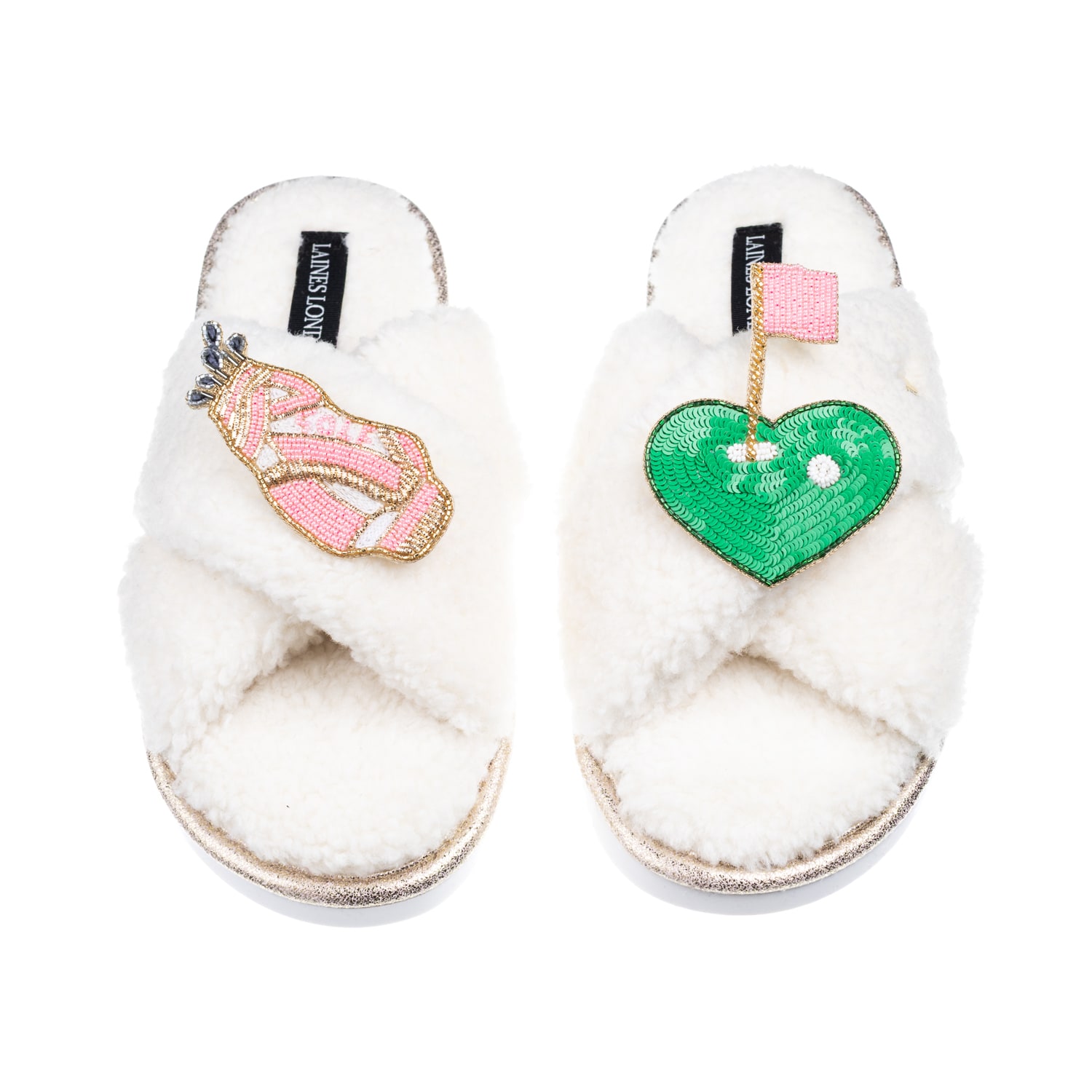Laines London Women's Neutrals / White Laines Neutral Boucle Slippers With Golf Lover Brooches - Cream