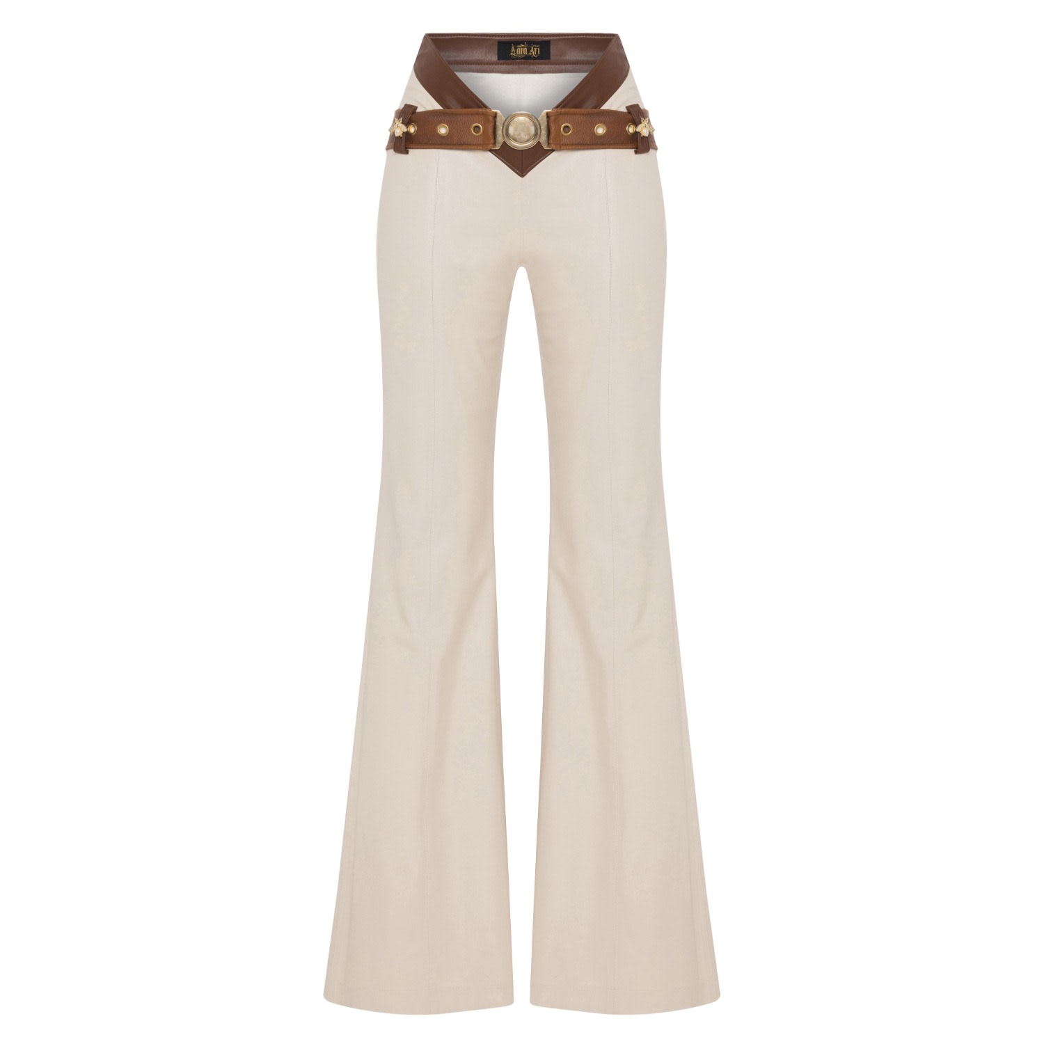 Lara Ari Women's Neutrals Jane Trousers High Waisted Beige Flared Pants With Belt Detail In Black