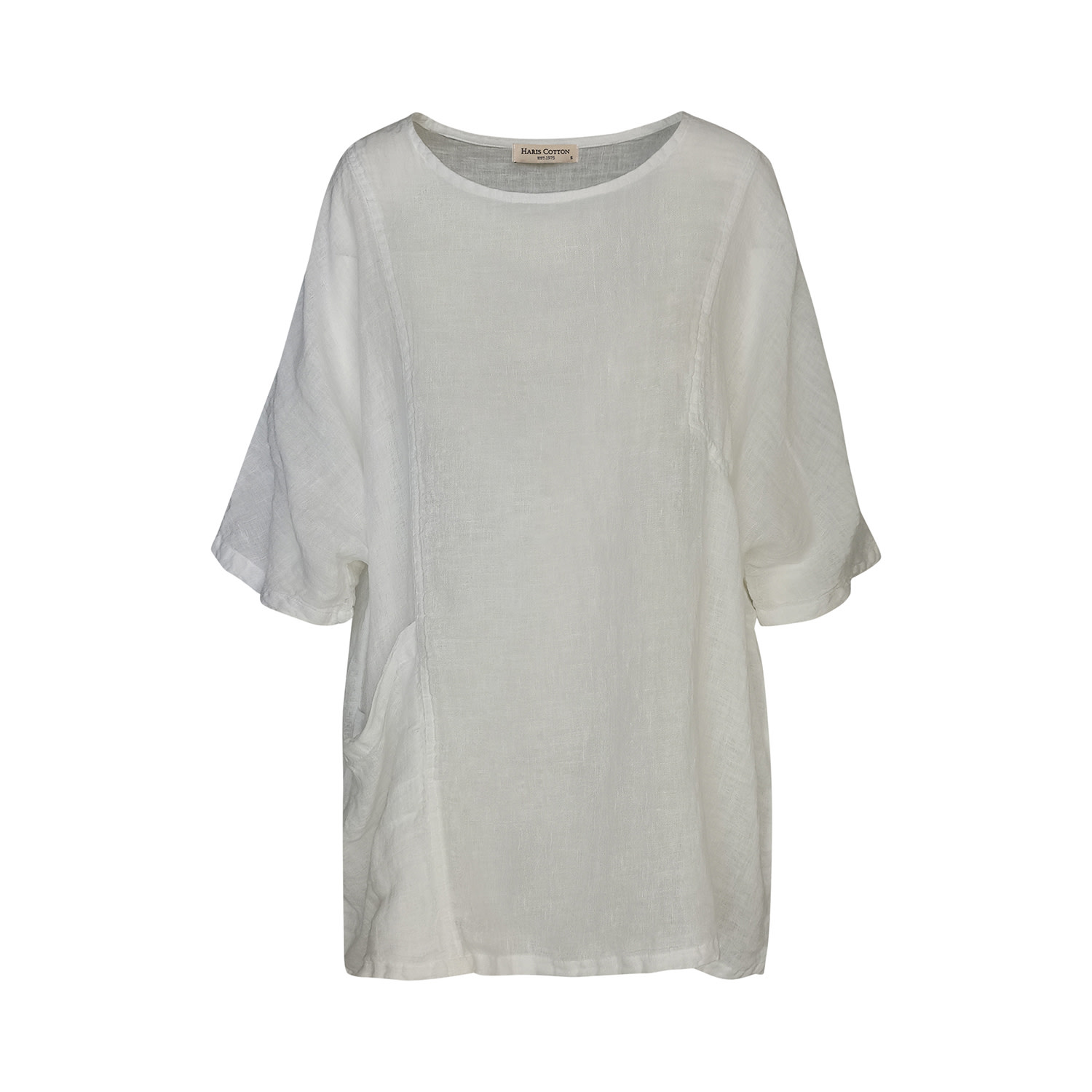Haris Cotton Women's Front Pocket Curve Linen Gauze Blouse With Batwing Sleeve - White In White