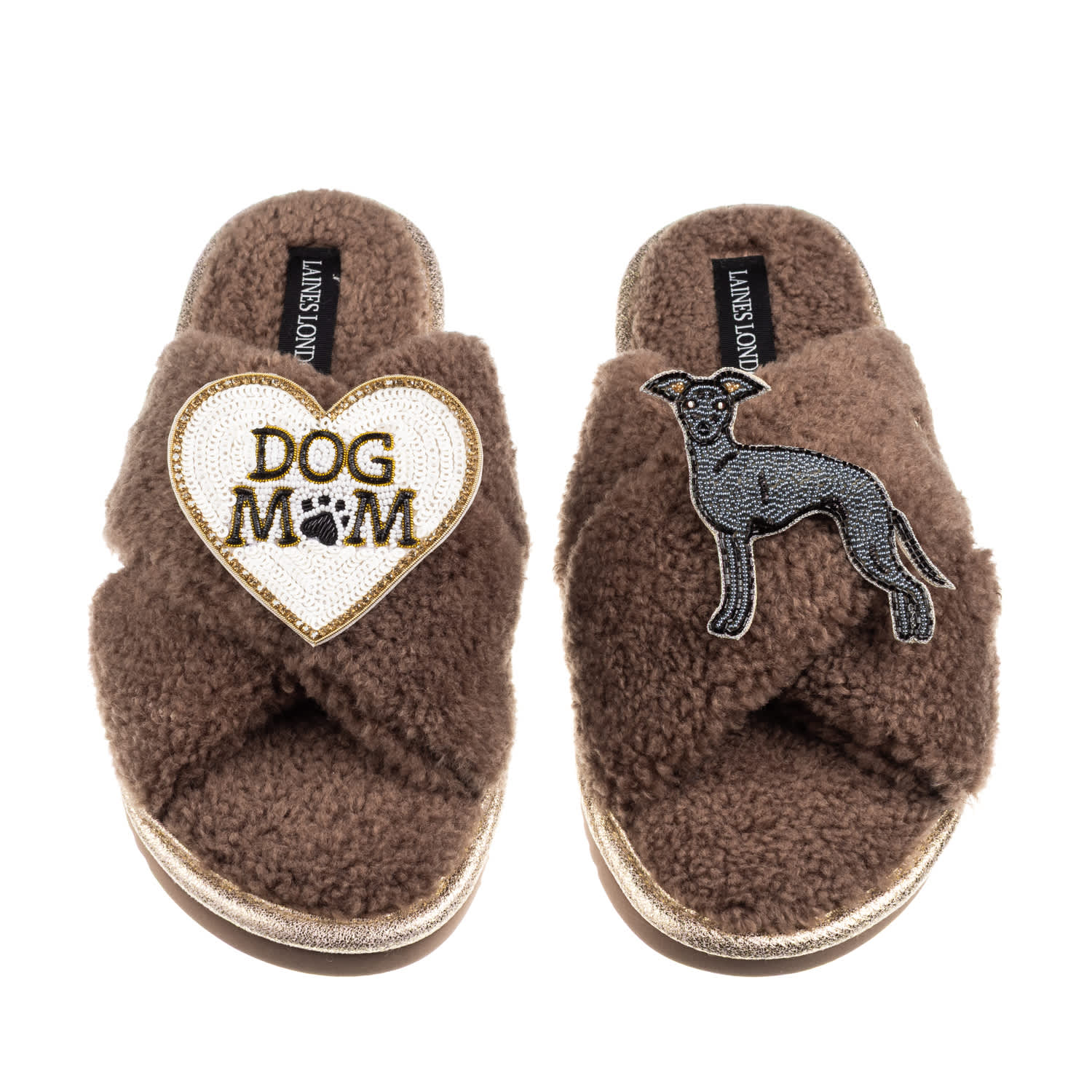 Laines London Women's Brown / Neutrals Boucle Slippers With Dog Mum/mom & Blue Italian Greyhound Brooches - Mink In Brown