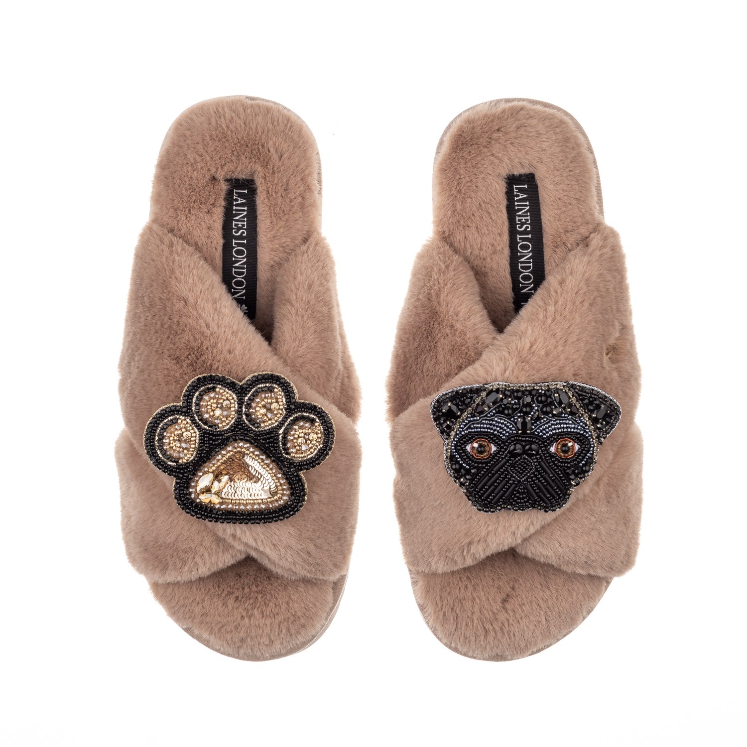 Laines London Women's Brown Classic Laines Slippers With Snoopy The Pug & Paw Brooches - Toffee