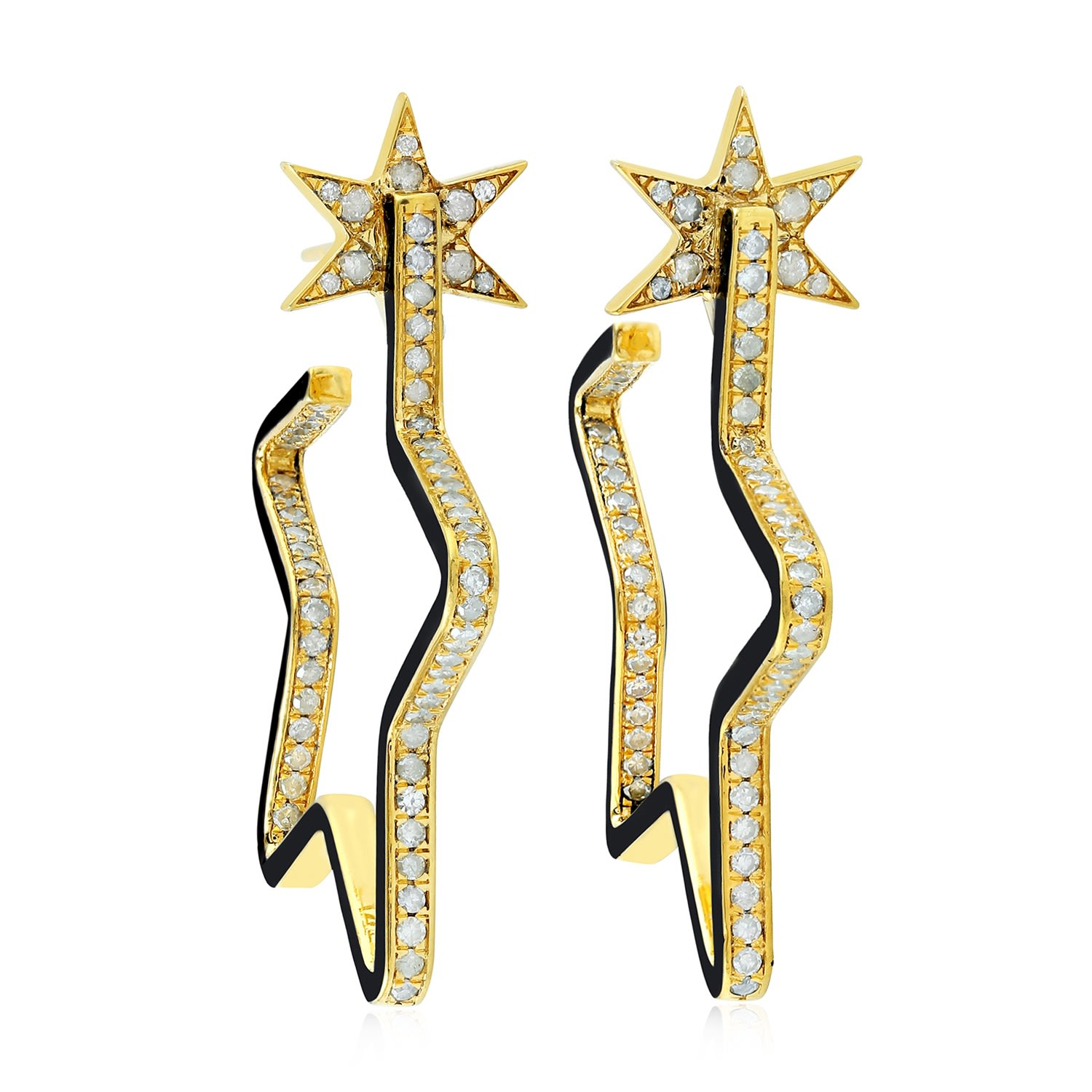 Women’s Gold / White Natural Diamond Star Huggie Earrings 925 Sterling Silver 18K Yellow Gold Enamel Artisan