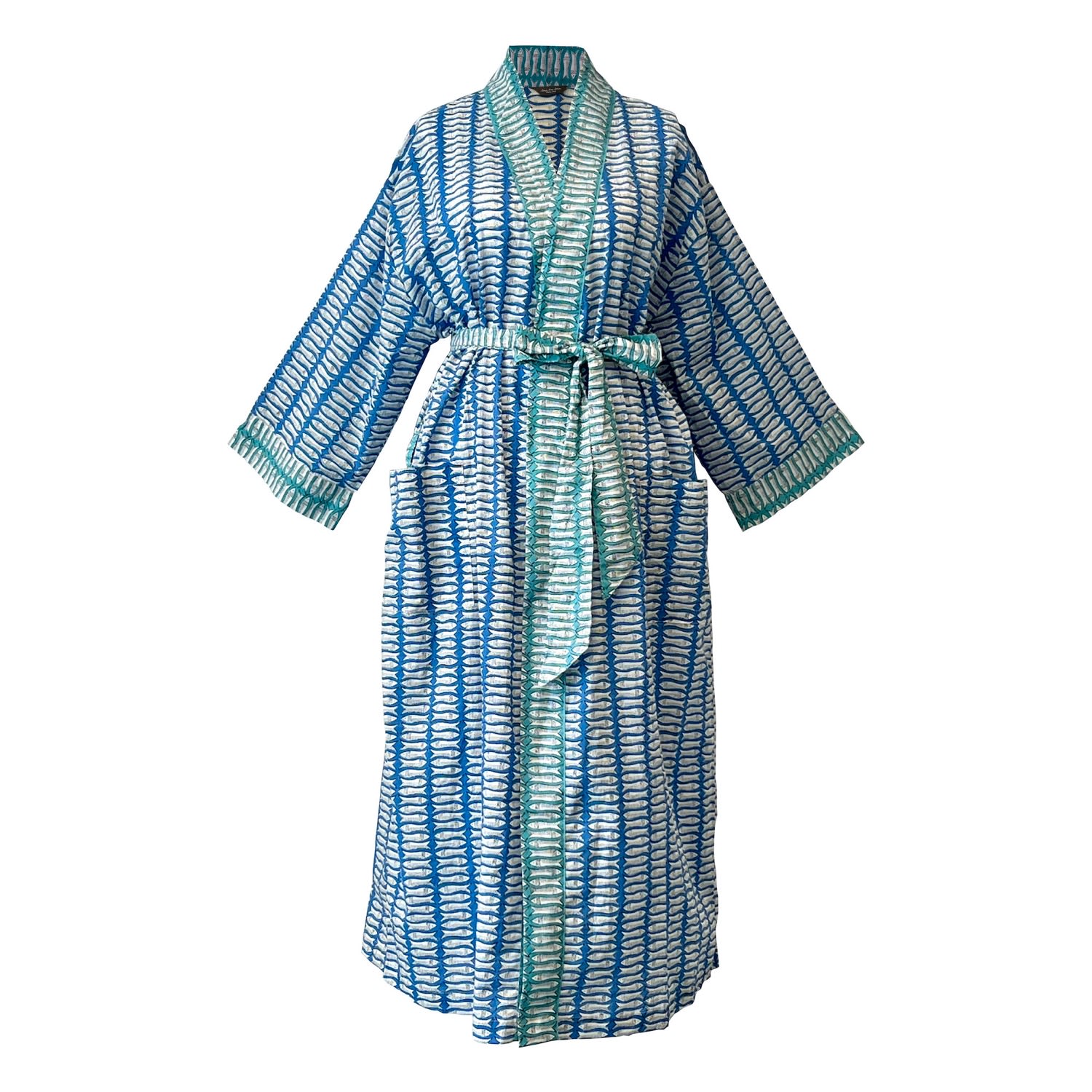Lime Tree Design Women's Blue And Turquoise Fish Cotton Full Length Kimono